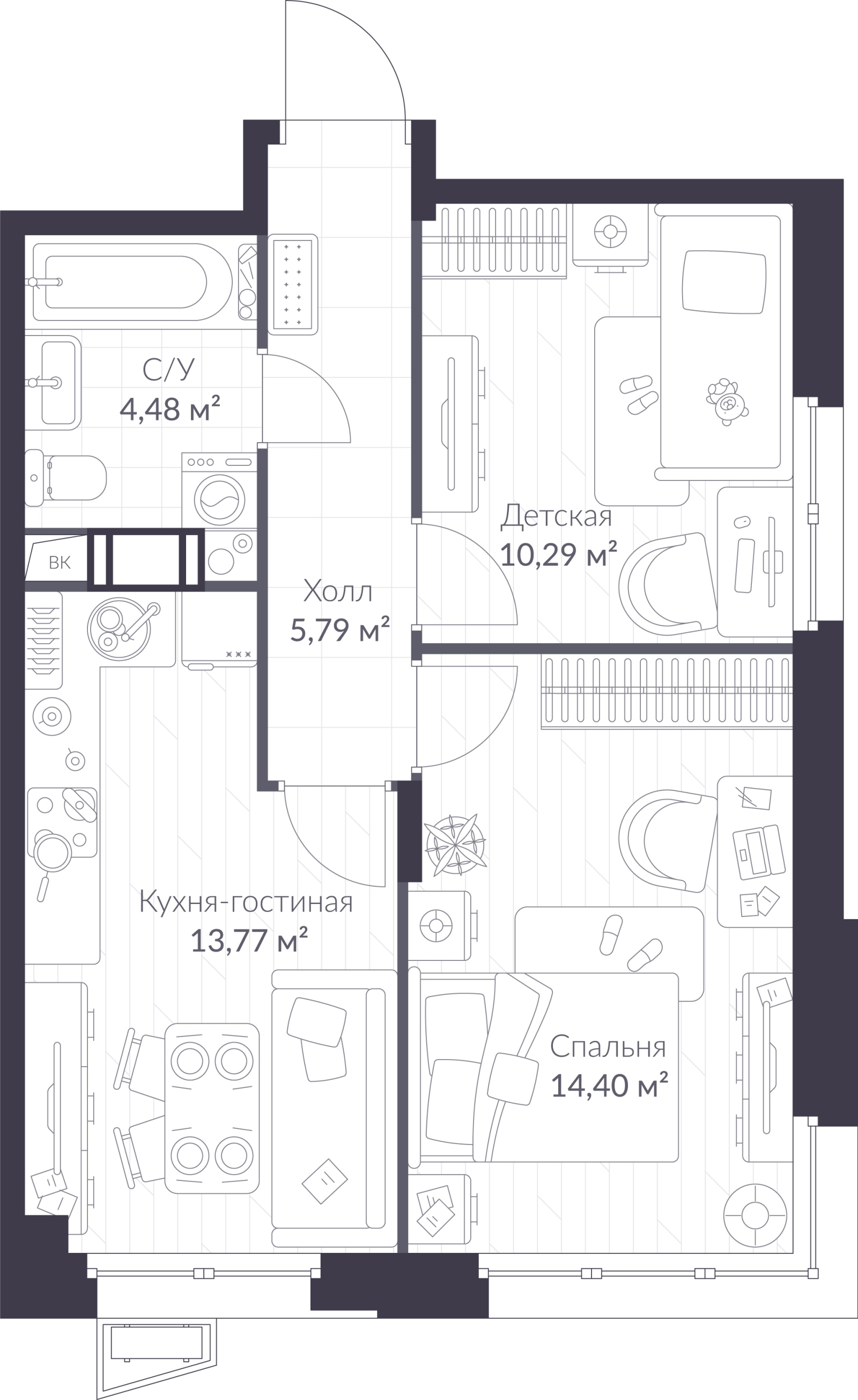 Планировка: 3-комнатная квартира, 48,7 м²