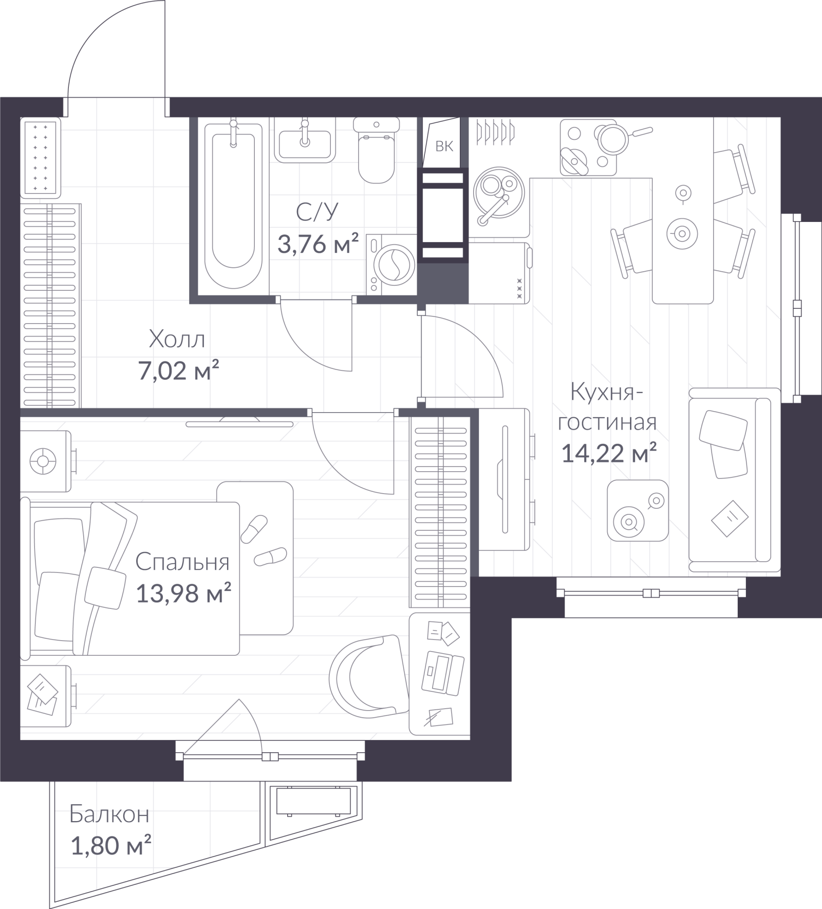 Планировка: 2-комнатная квартира, 39,5 м²
