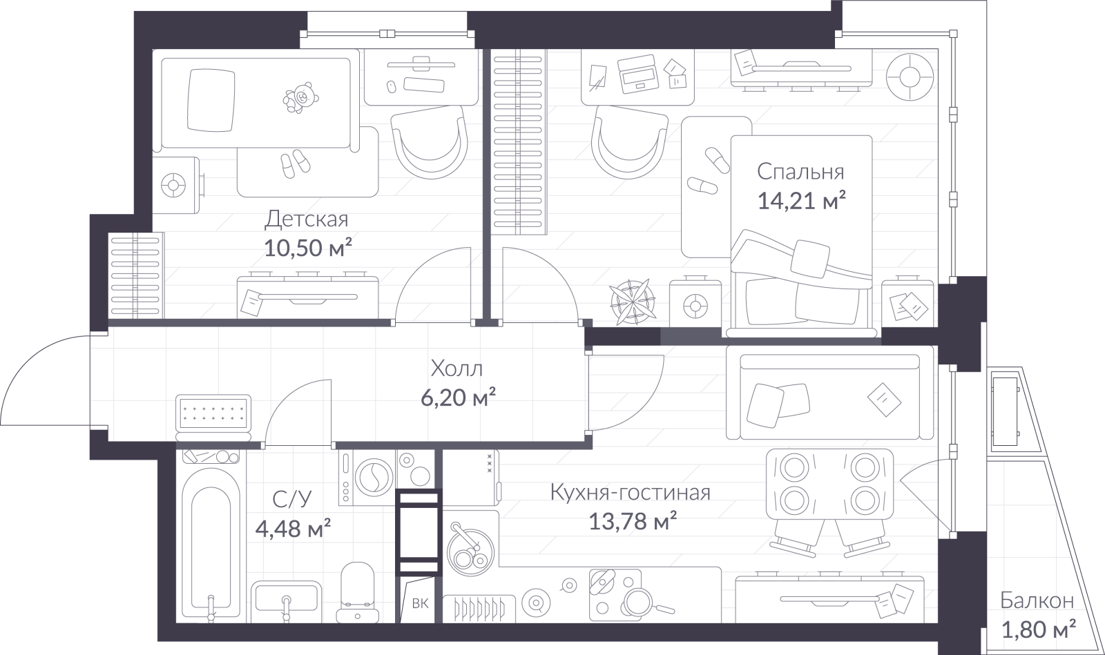 Планировка: 3-комнатная квартира, 49,7 м²