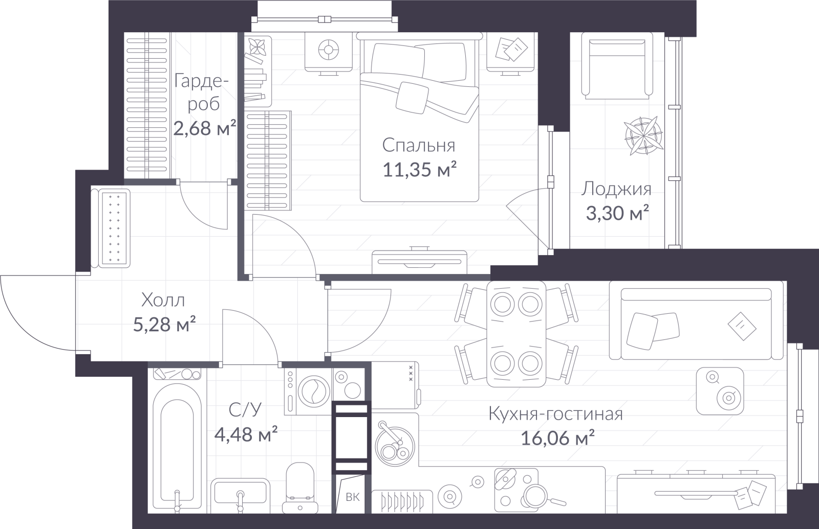 Планировка: 2-комнатная квартира, 41,5 м²