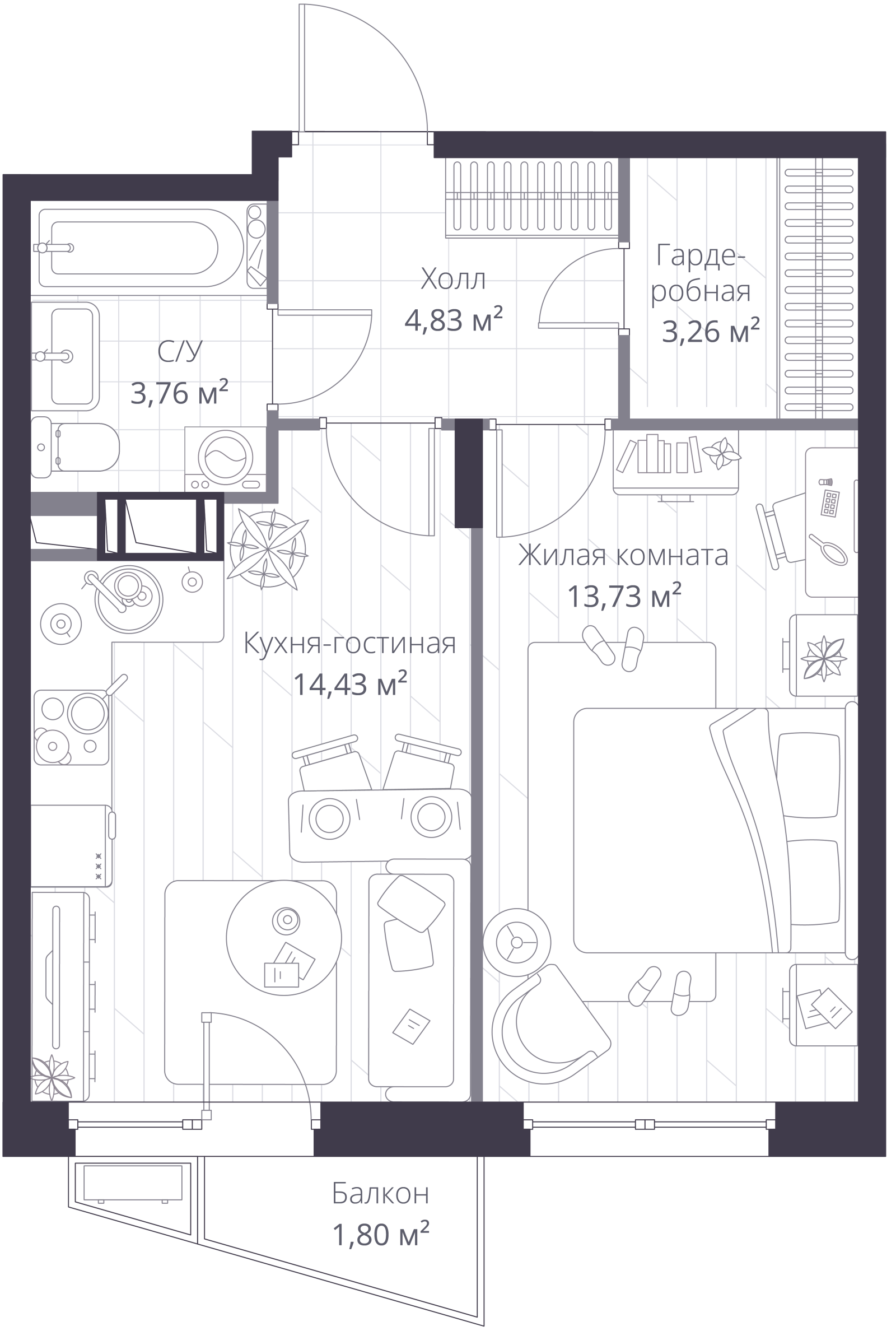 Планировка: 2-комнатная квартира, 40,1 м²