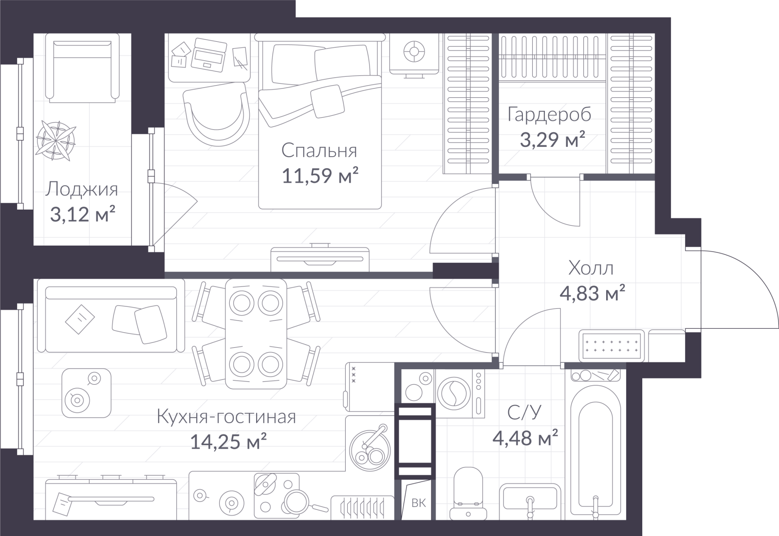 Планировка: 2-комнатная квартира, 40,0 м²