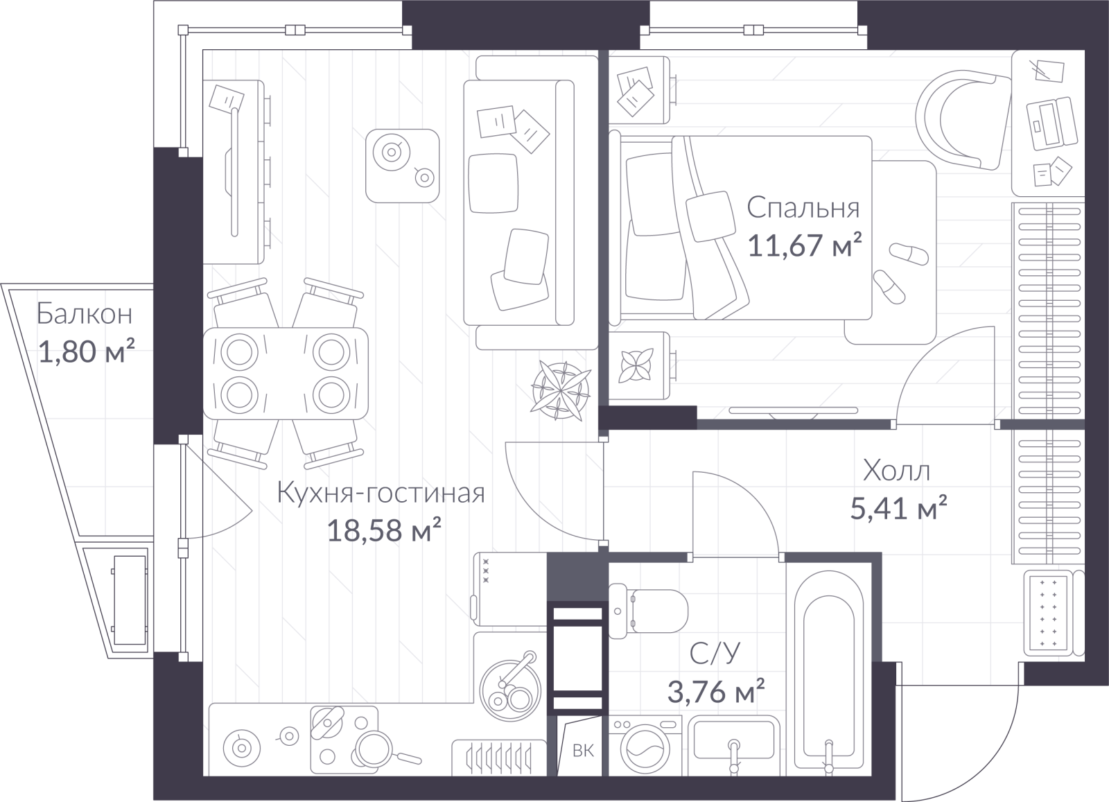 Планировка: 2-комнатная квартира, 40,0 м²