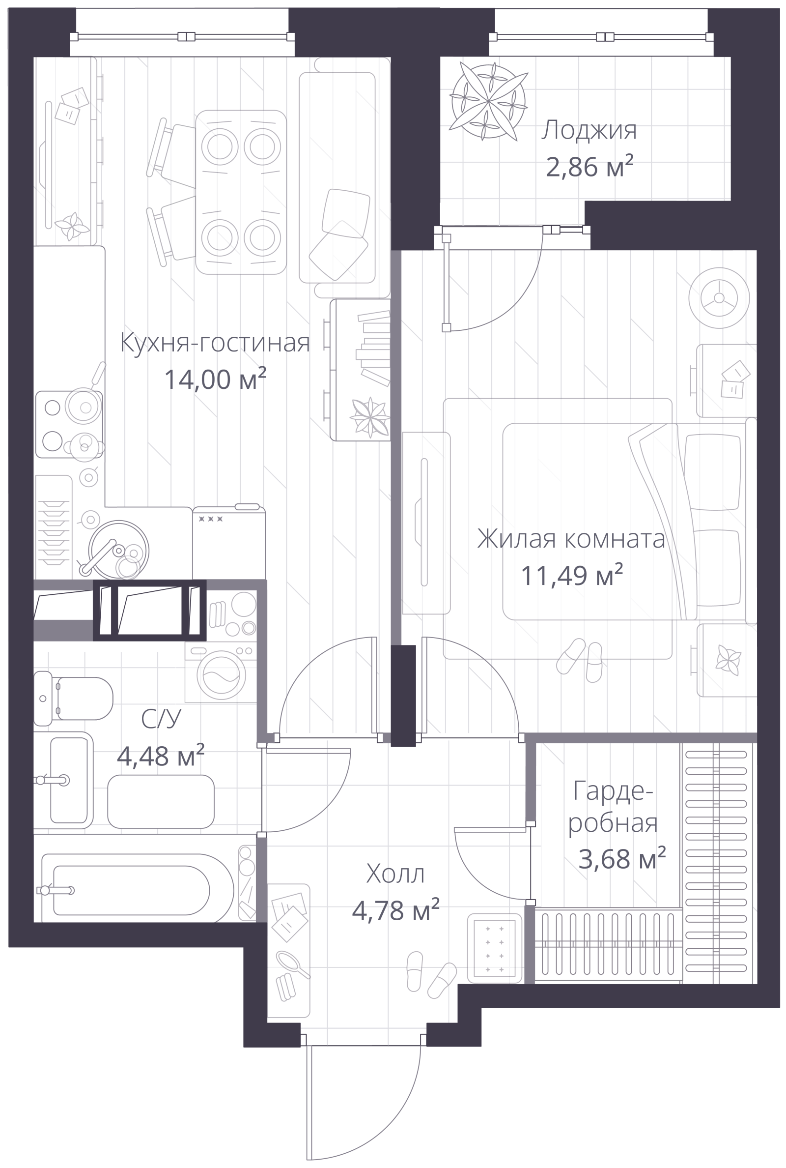 Планировка: 2-комнатная квартира, 40,2 м²