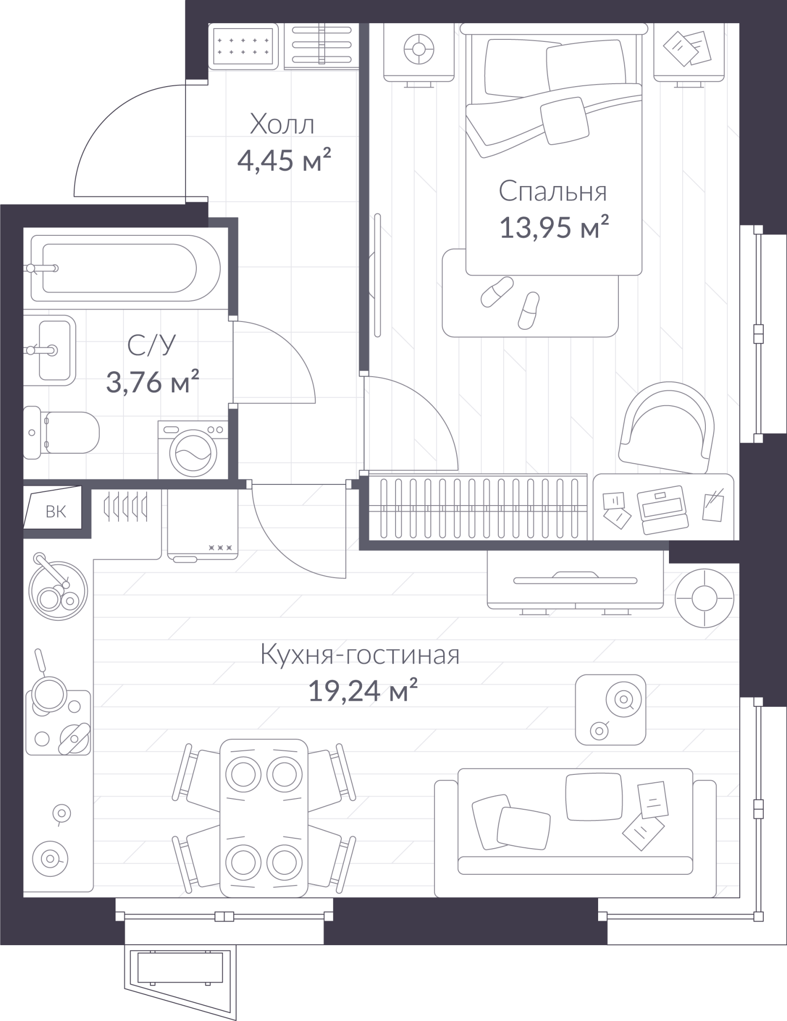 Планировка: 2-комнатная квартира, 41,4 м²