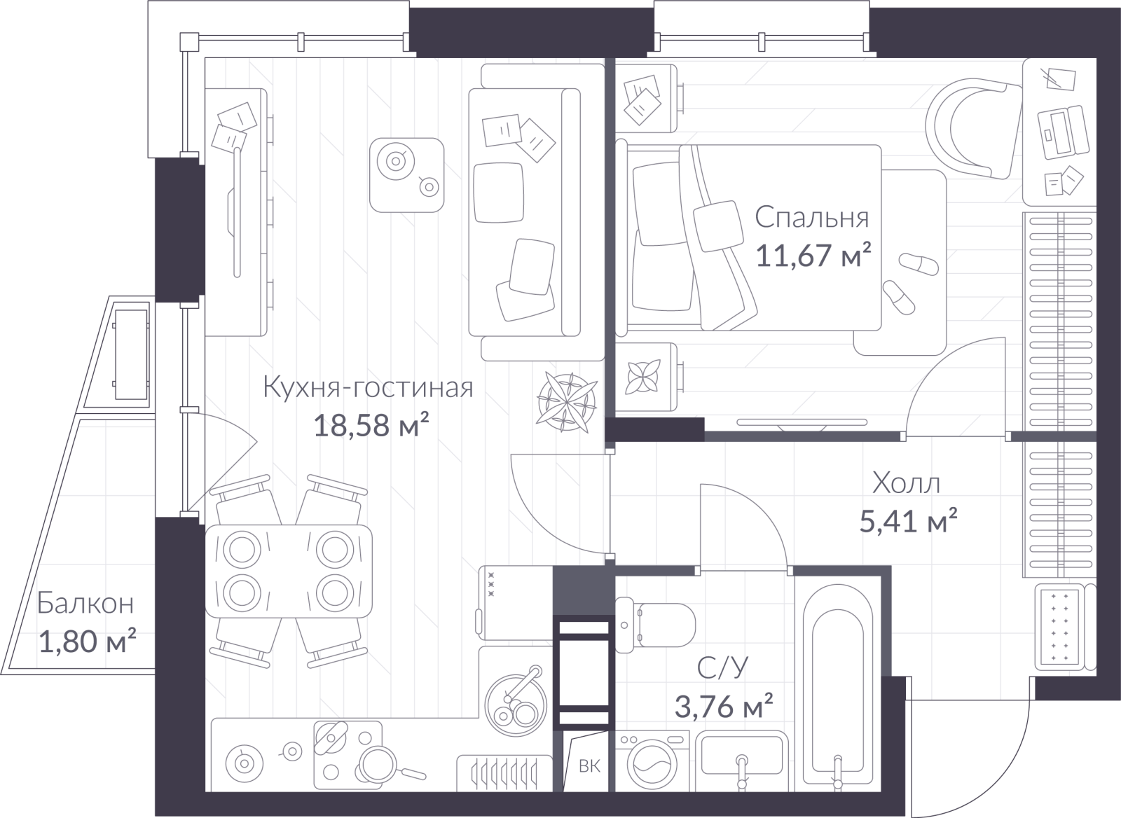 Планировка: 2-комнатная квартира, 40,0 м²
