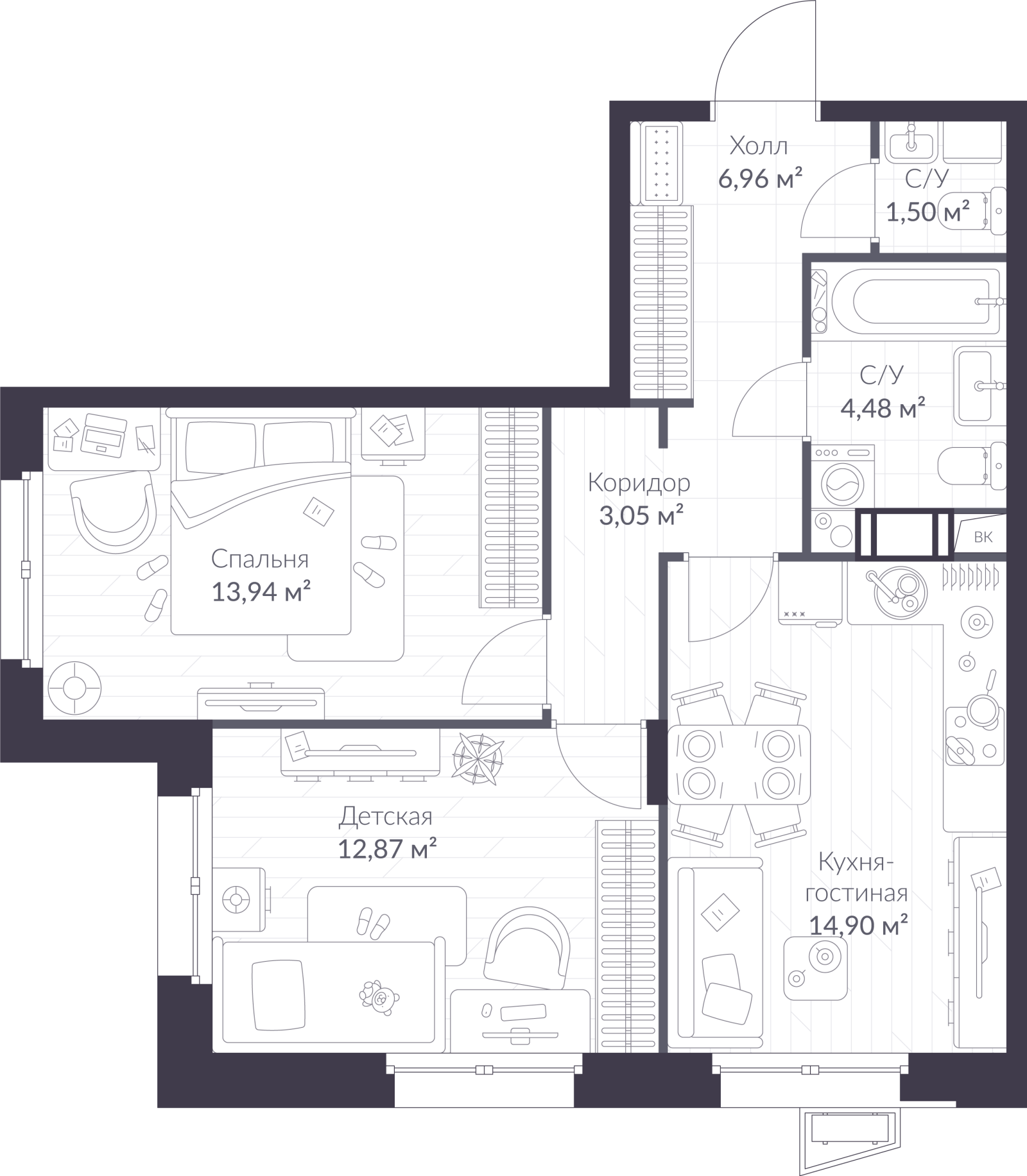Планировка: 3-комнатная квартира, 57,7 м²
