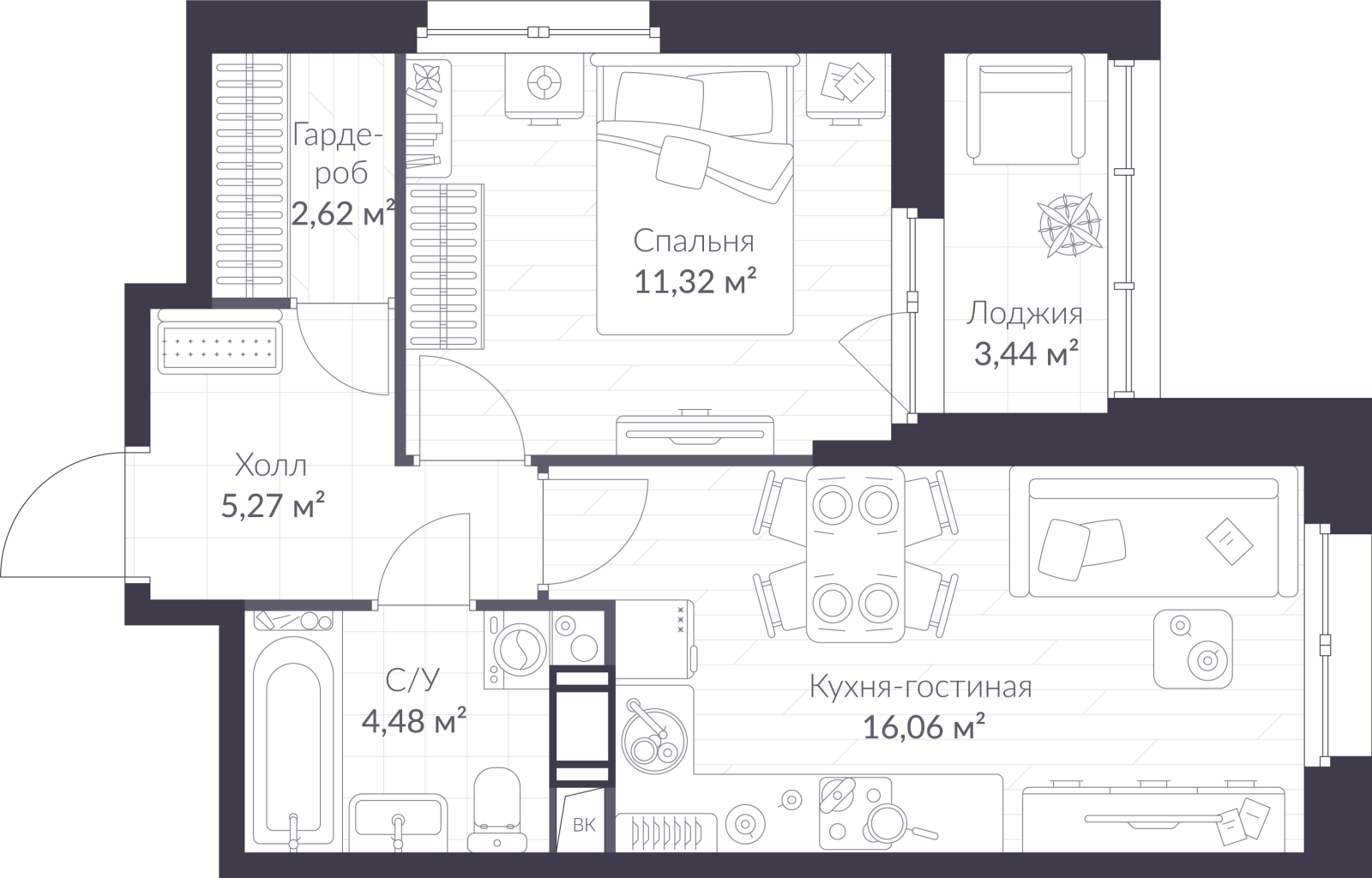 Планировка: 2-комнатная квартира, 41,5 м²