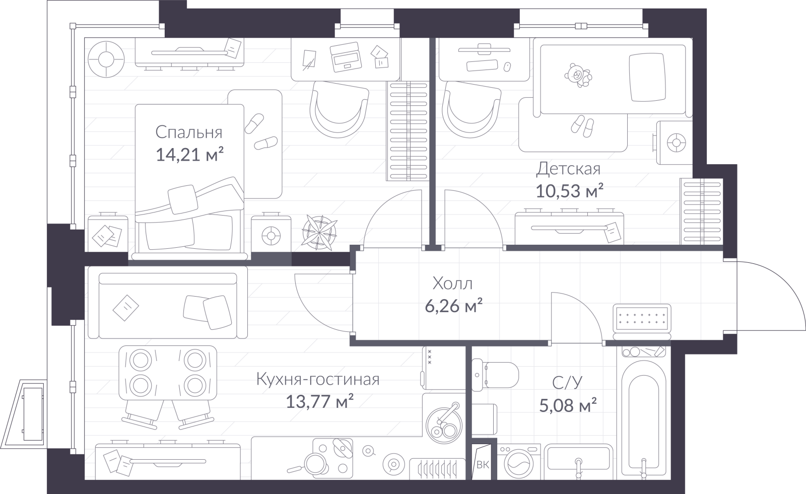 Планировка: 3-комнатная квартира, 49,9 м²
