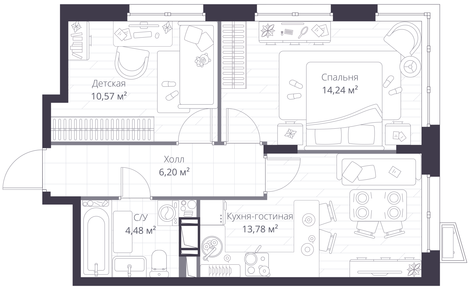 Планировка: 3-комнатная квартира, 49,4 м²