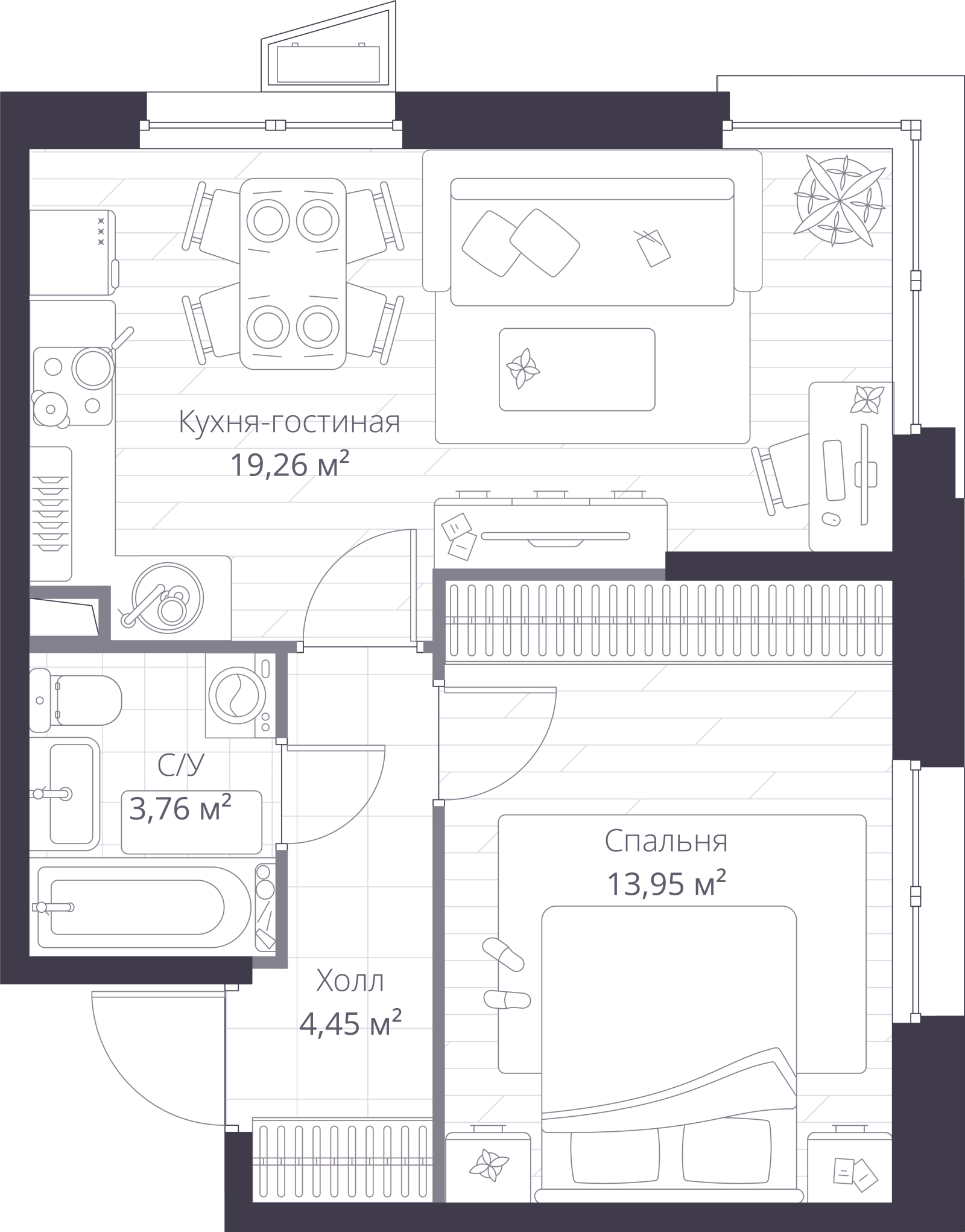 Планировка: 2-комнатная квартира, 41,5 м²