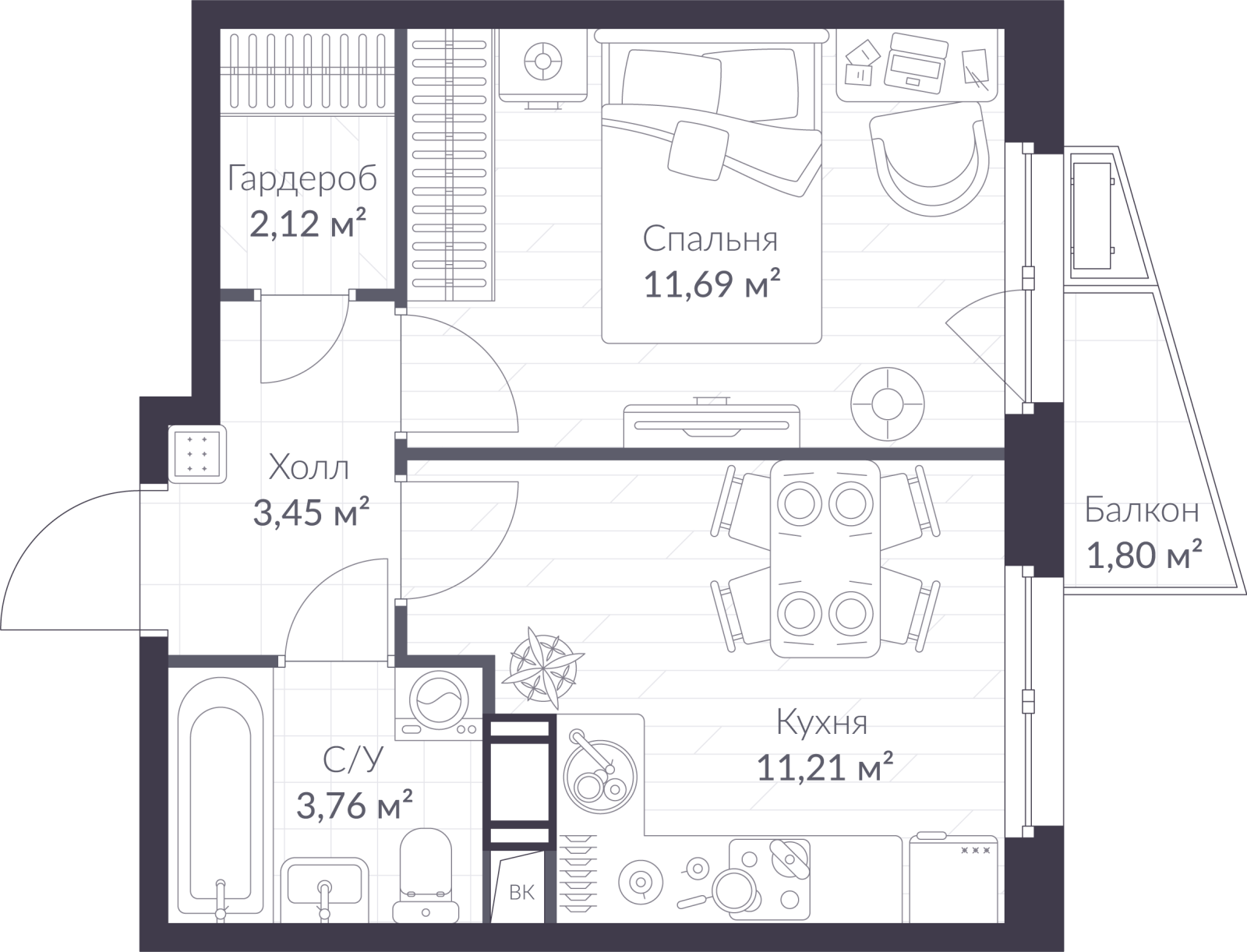 Планировка: 1-комнатная квартира, 32,8 м²