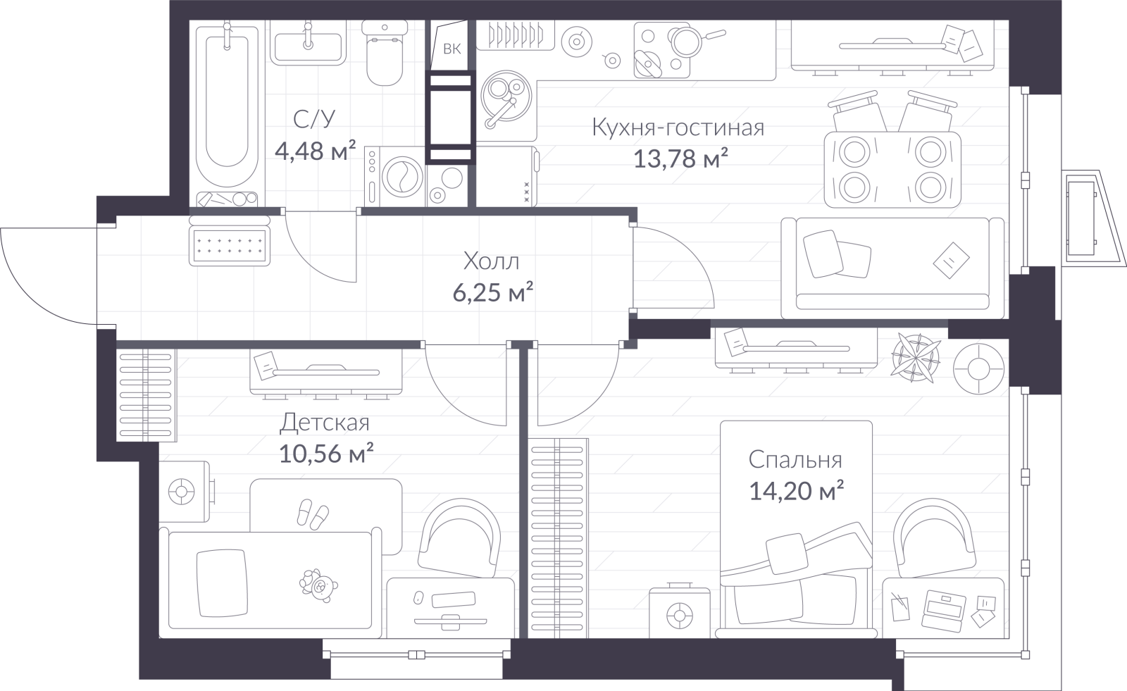 Планировка: 3-комнатная квартира, 49,3 м²