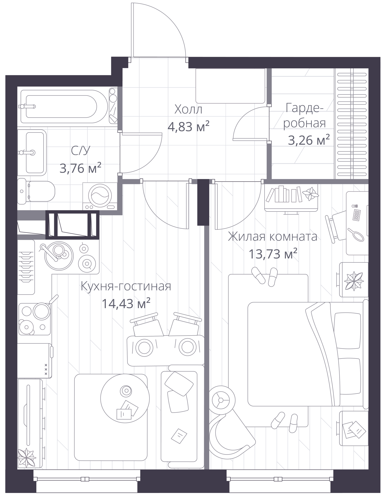 Планировка: 2-комнатная квартира, 40,0 м²