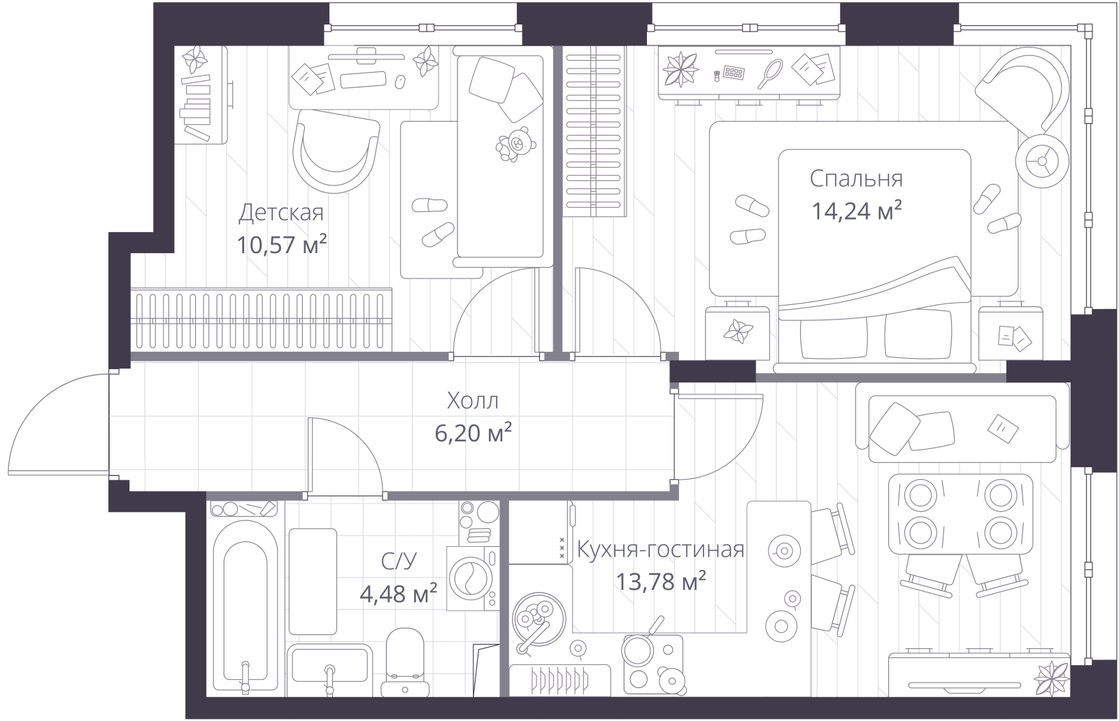 Планировка: 3-комнатная квартира, 49,8 м²