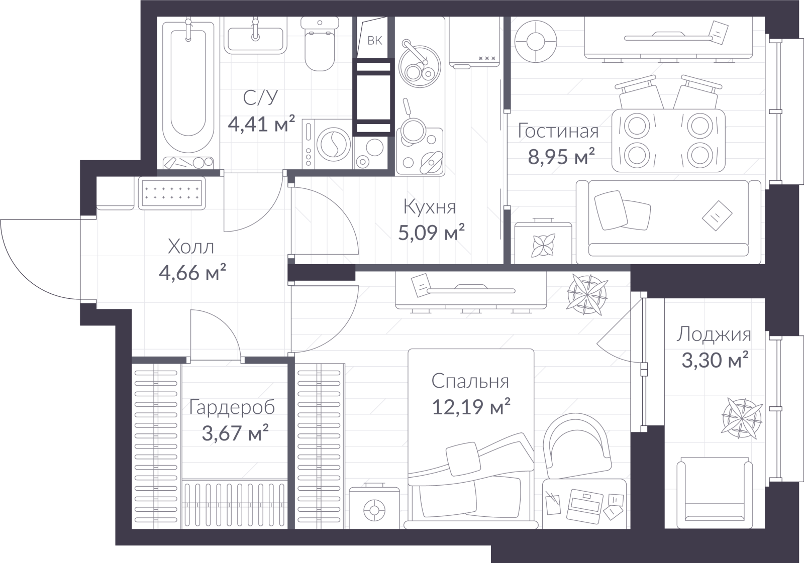 Планировка: 2-комнатная квартира, 40,6 м²
