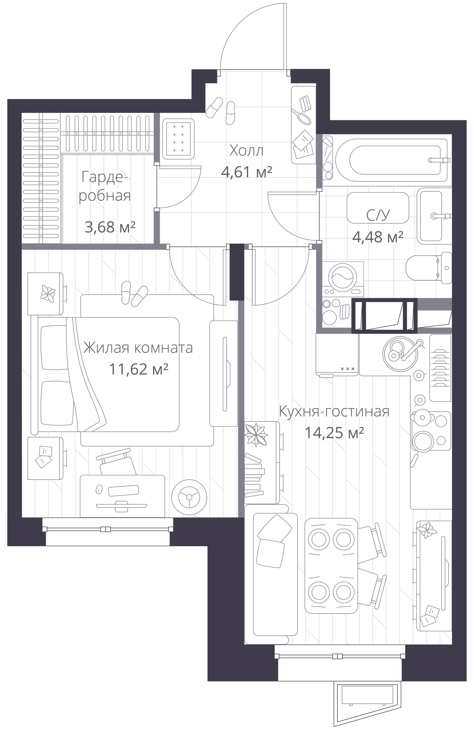Планировка: 2-комнатная квартира, 38,8 м²