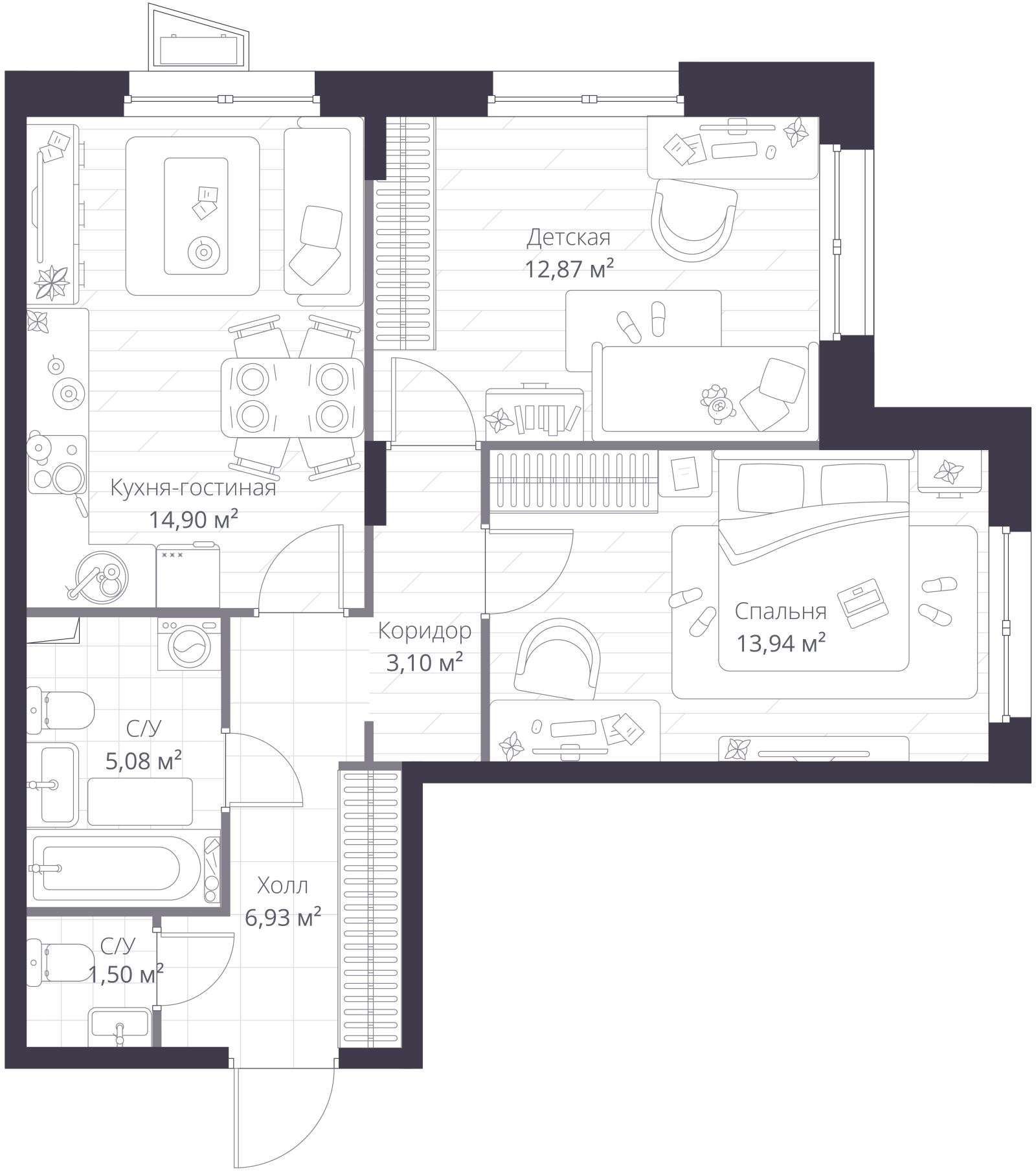 Планировка: 3-комнатная квартира, 58,4 м²