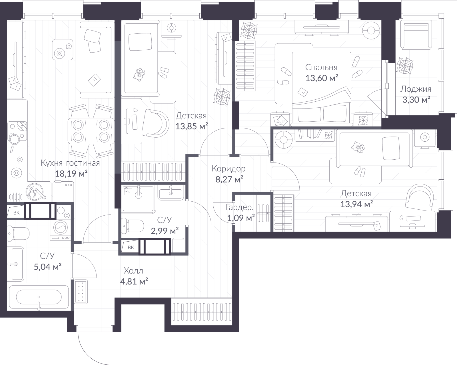 Планировка: 4-комнатная квартира, 83,4 м²