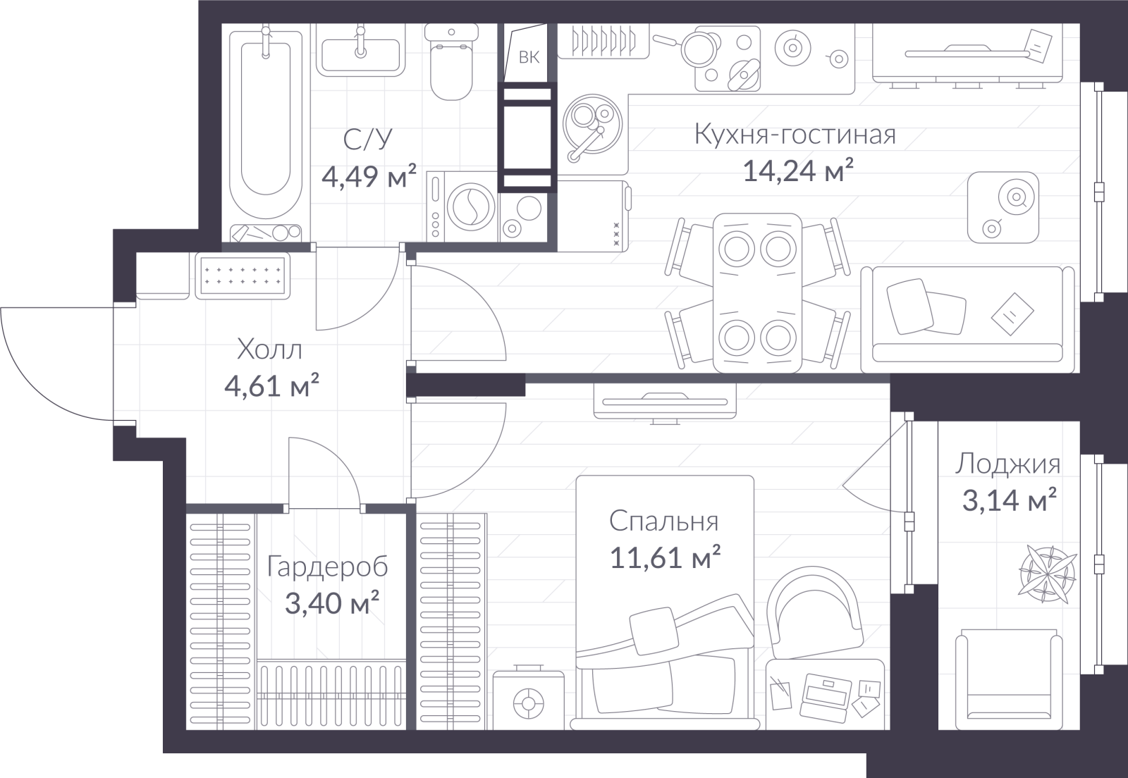 Планировка: 2-комнатная квартира, 39,9 м²