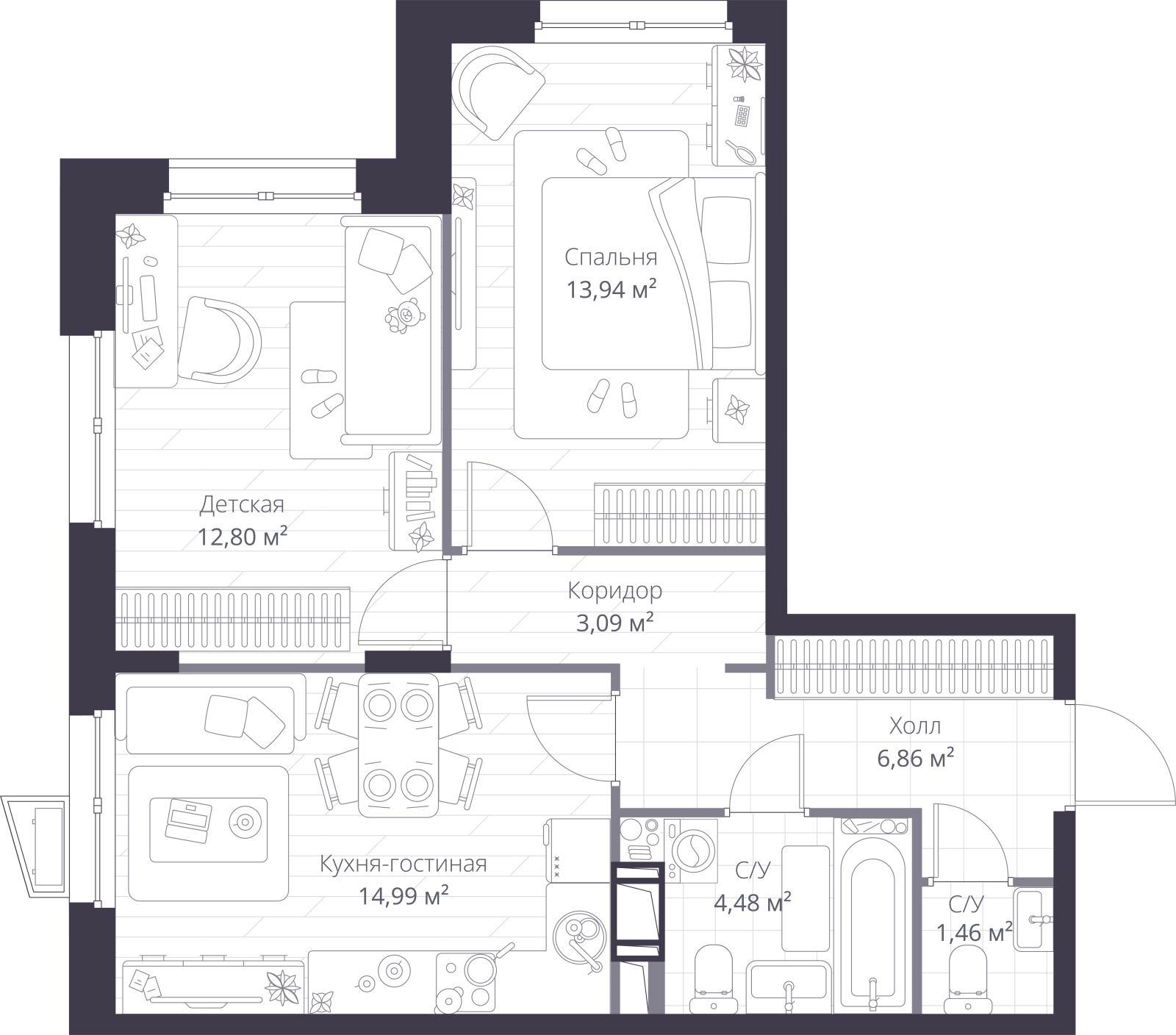 Планировка: 3-комнатная квартира, 58,0 м²