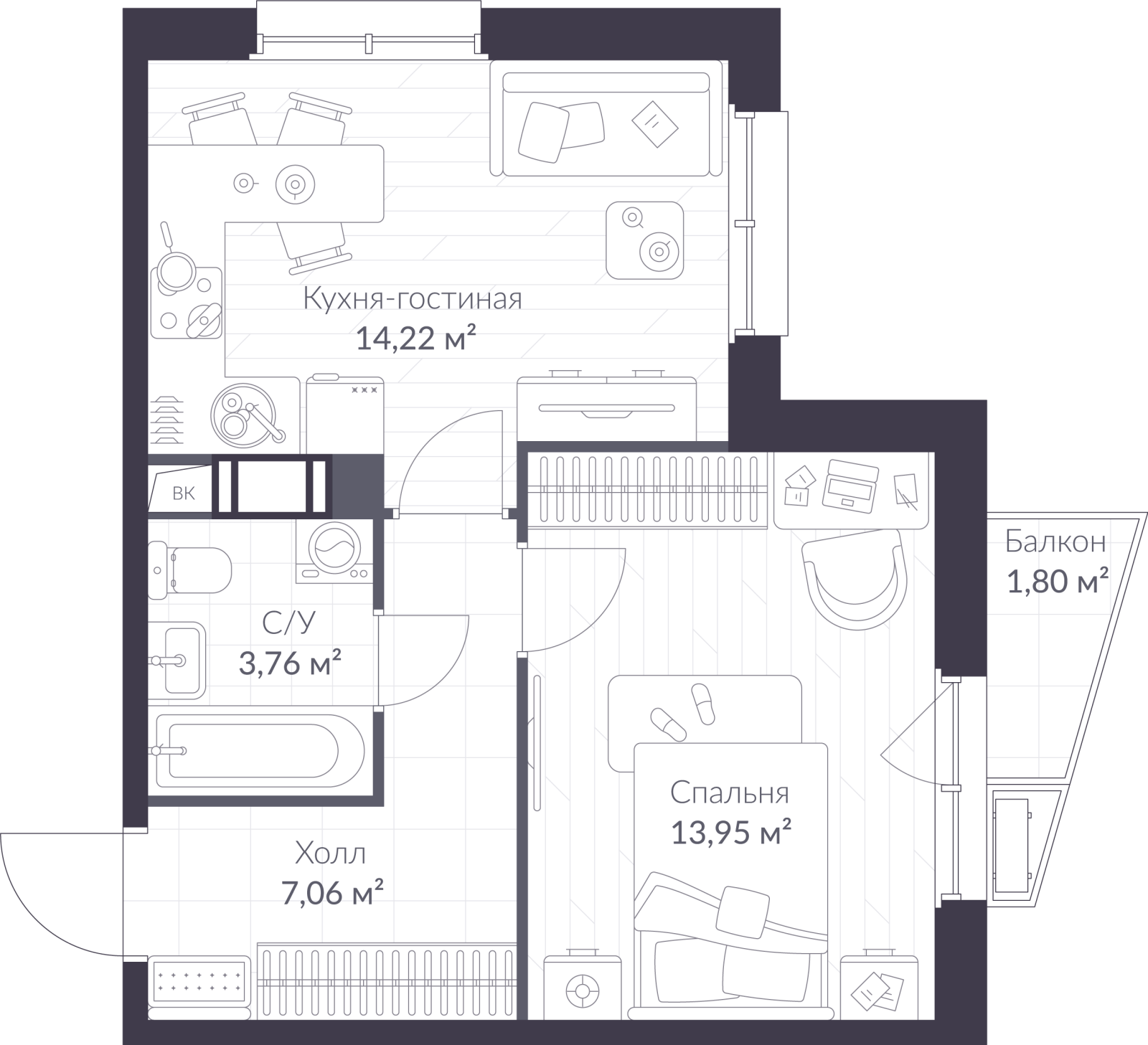 Планировка: 2-комнатная квартира, 39,5 м²