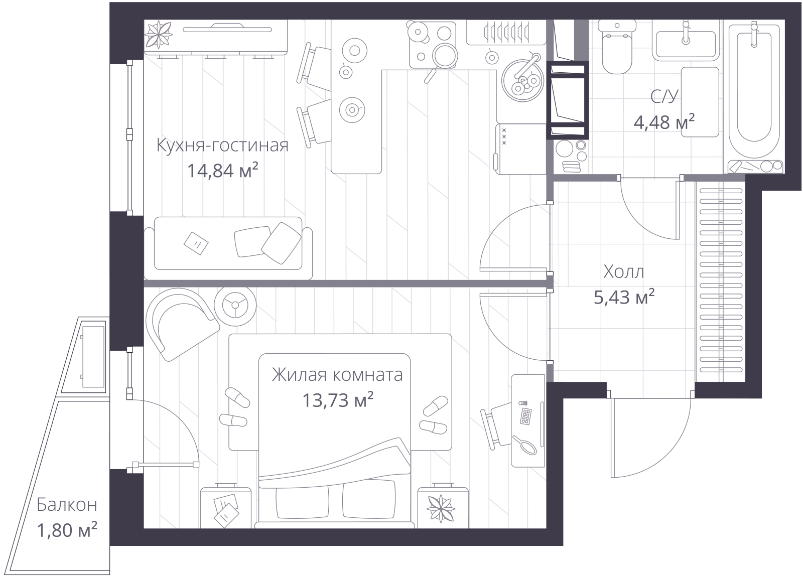 Планировка: 2-комнатная квартира, 39,4 м²