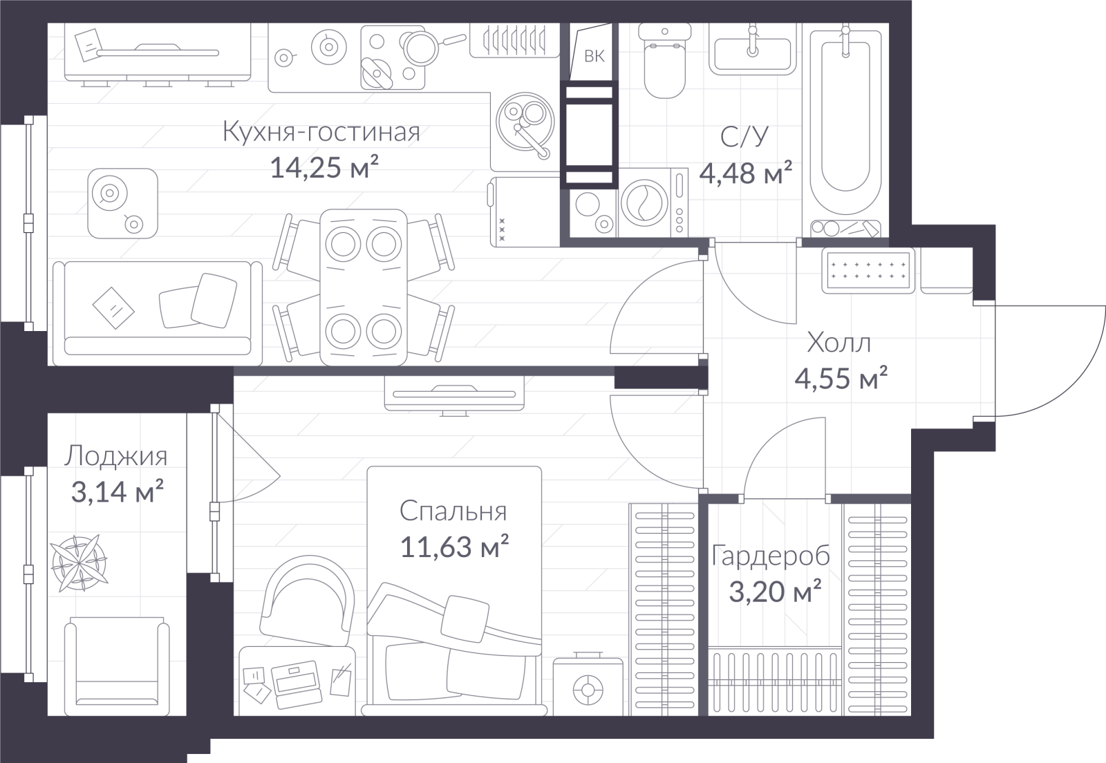 Планировка: 2-комнатная квартира, 39,7 м²