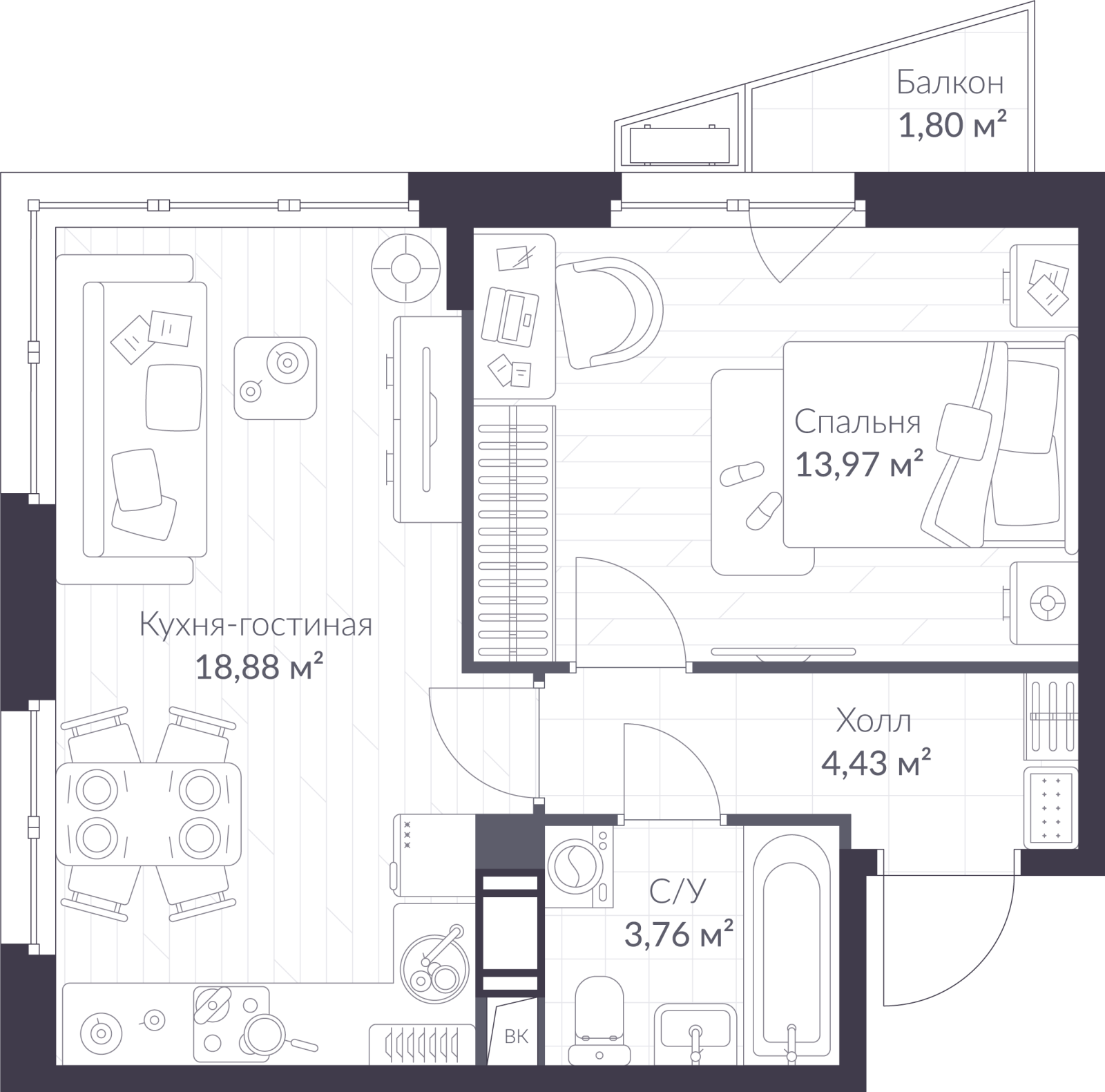 Планировка: 2-комнатная квартира, 41,6 м²