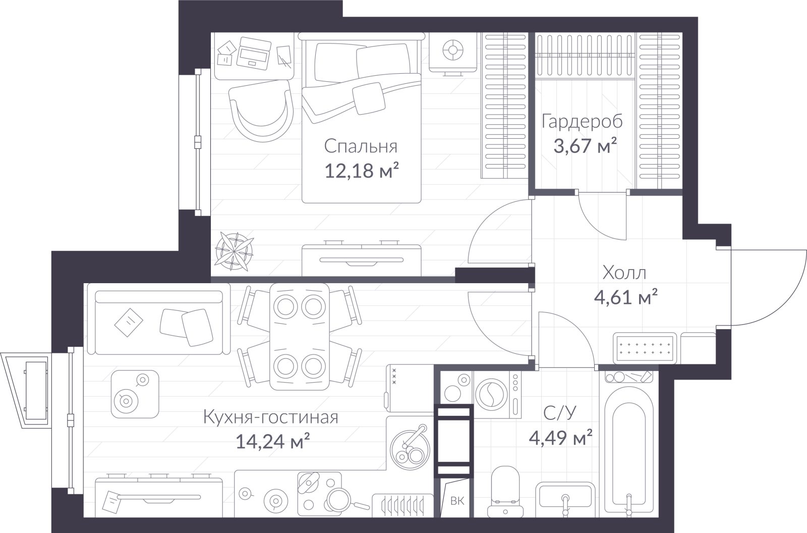 Планировка: 2-комнатная квартира, 39,2 м²
