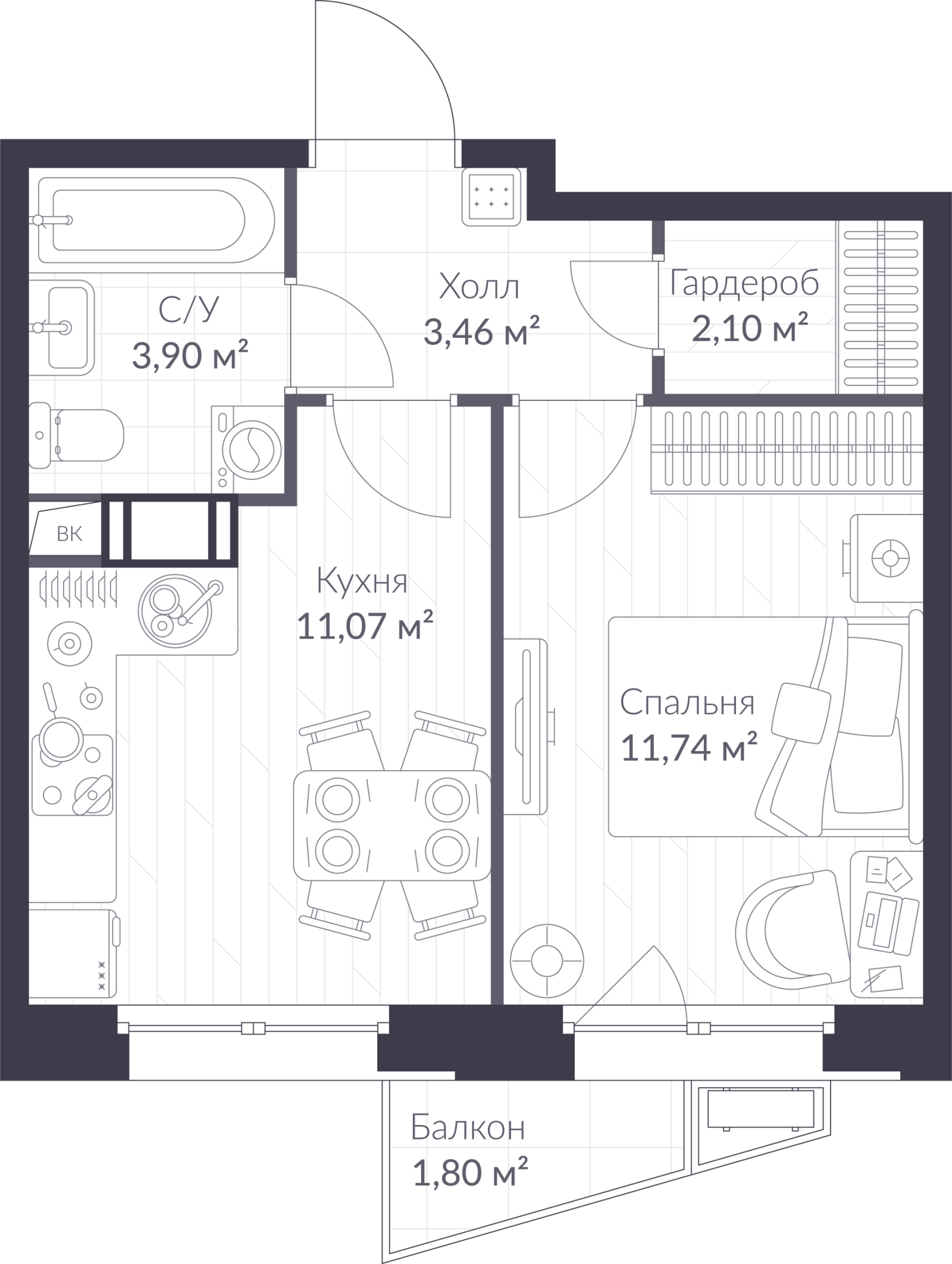 Планировка: 1-комнатная квартира, 32,8 м²