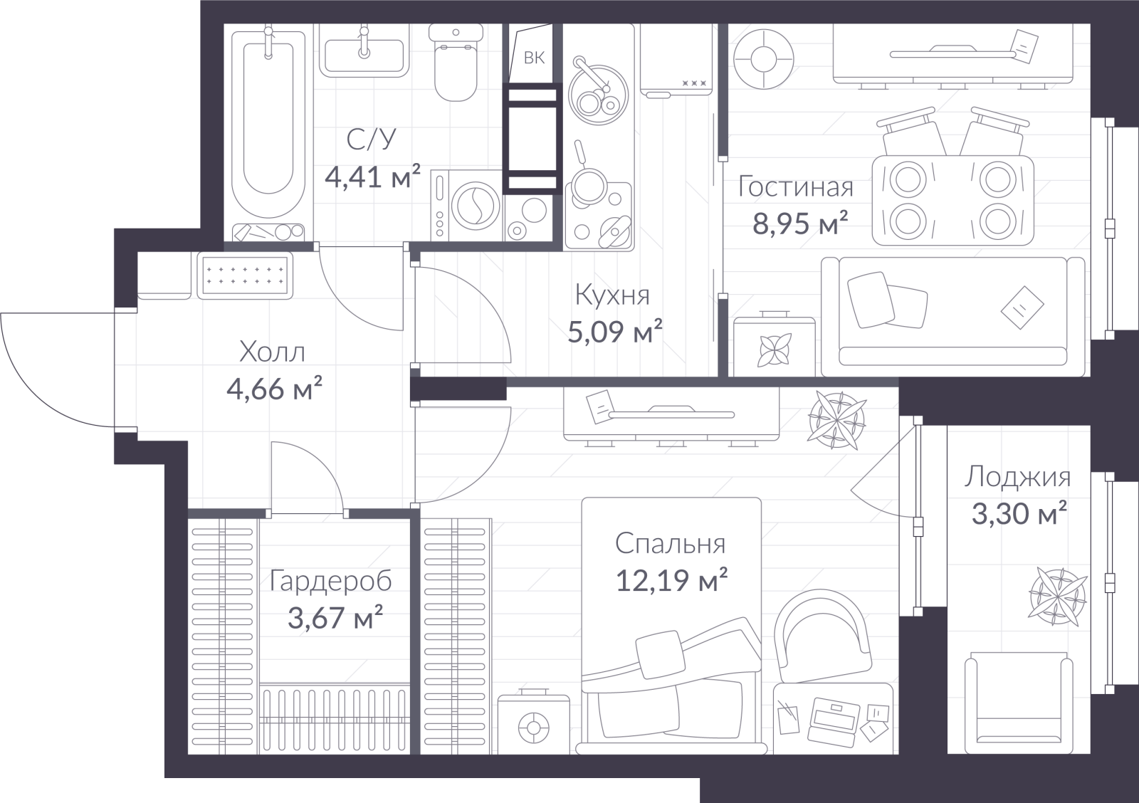 Планировка: 2-комнатная квартира, 40,6 м²