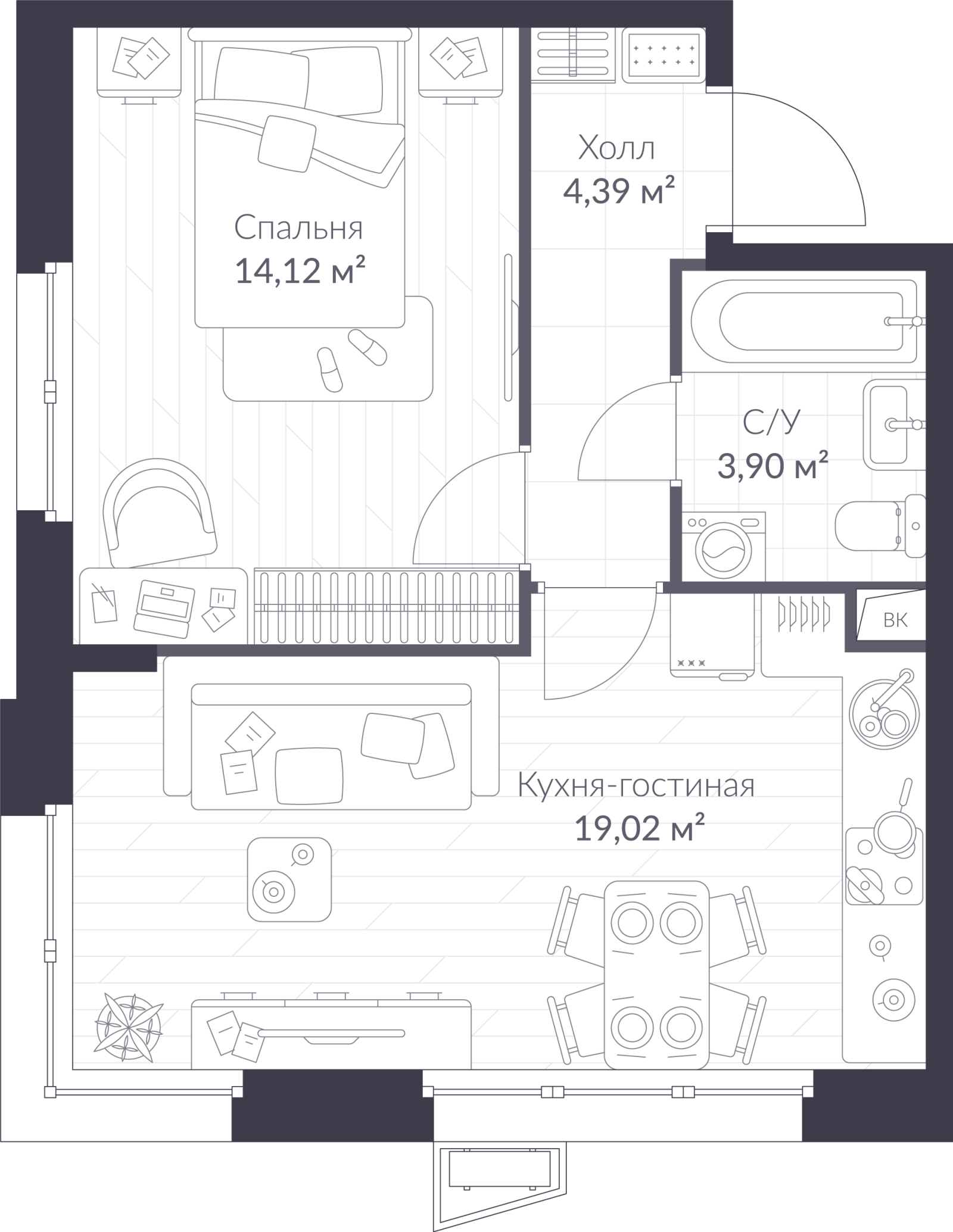 Планировка: 2-комнатная квартира, 41,4 м²