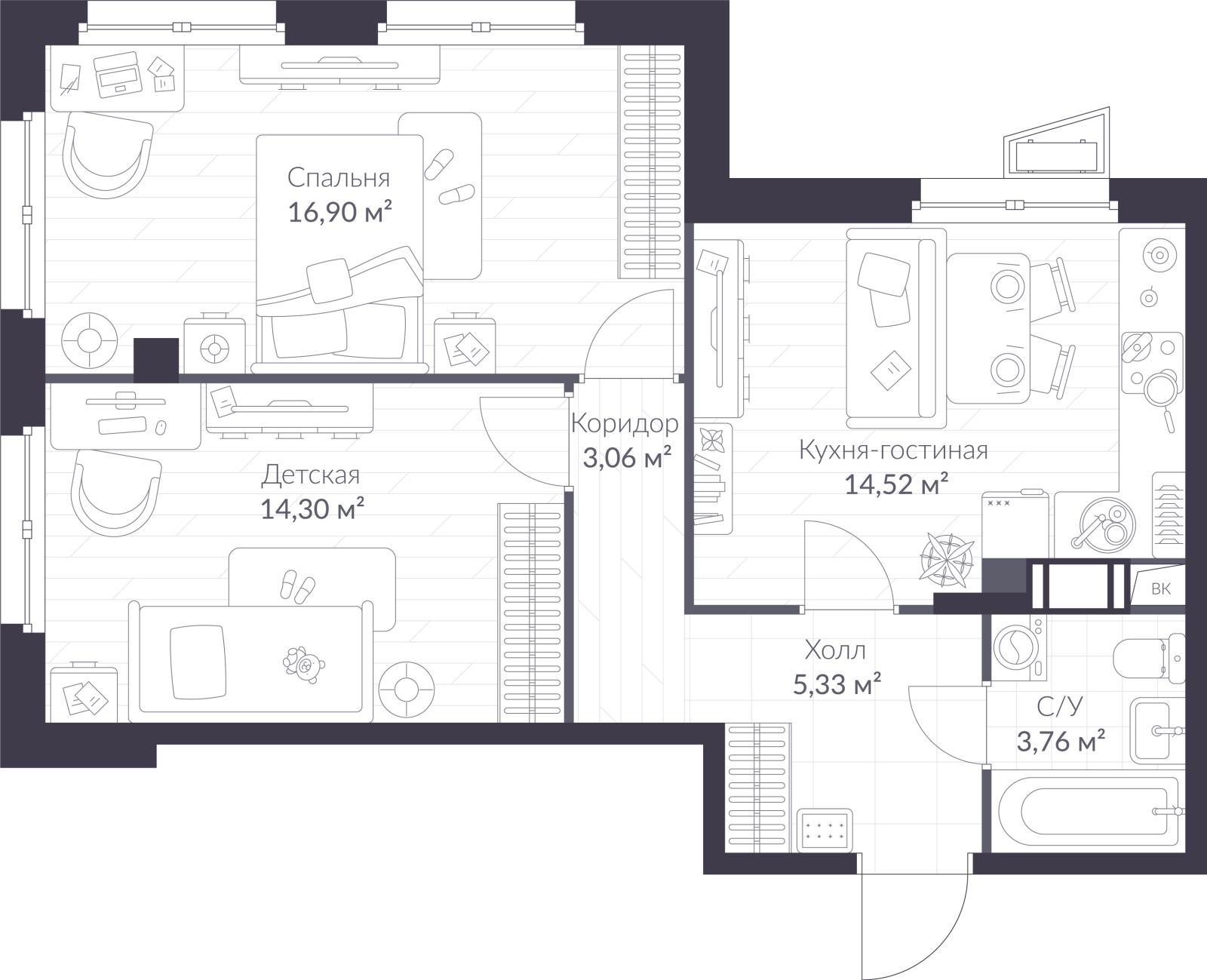 Планировка: 3-комнатная квартира, 57,9 м²