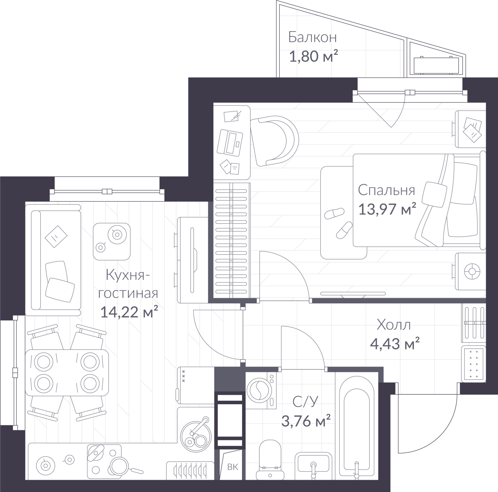 Планировка: 2-комнатная квартира, 36,9 м²