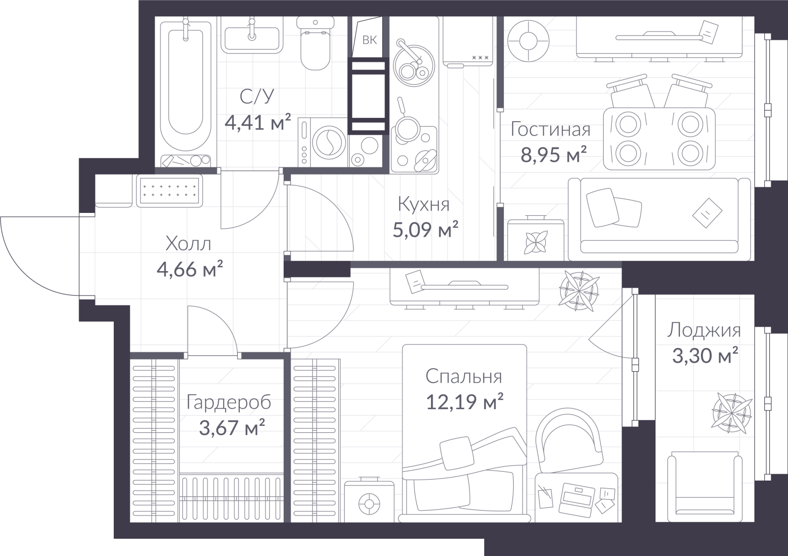 Планировка: 2-комнатная квартира, 40,6 м²