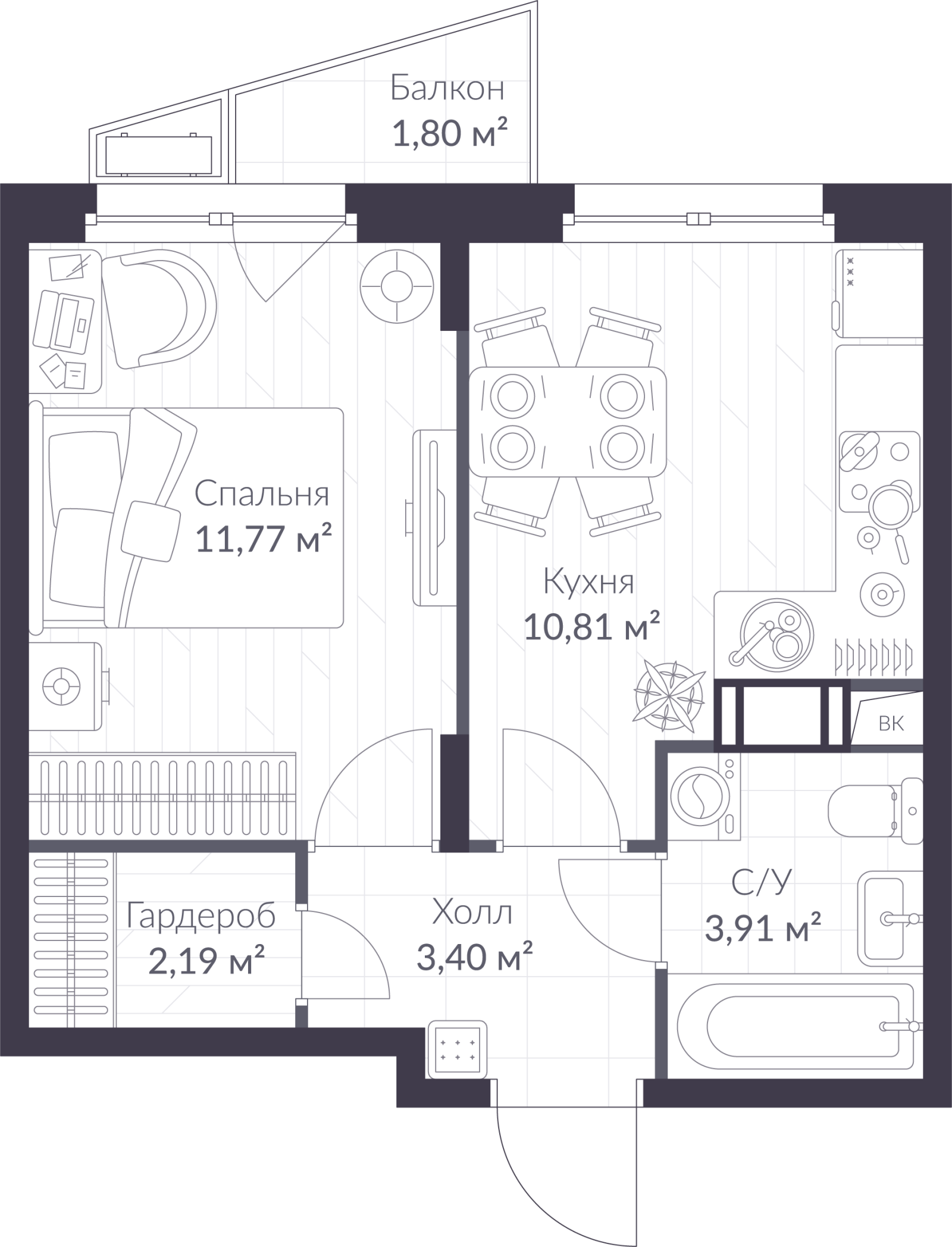 Планировка: 1-комнатная квартира, 32,6 м²