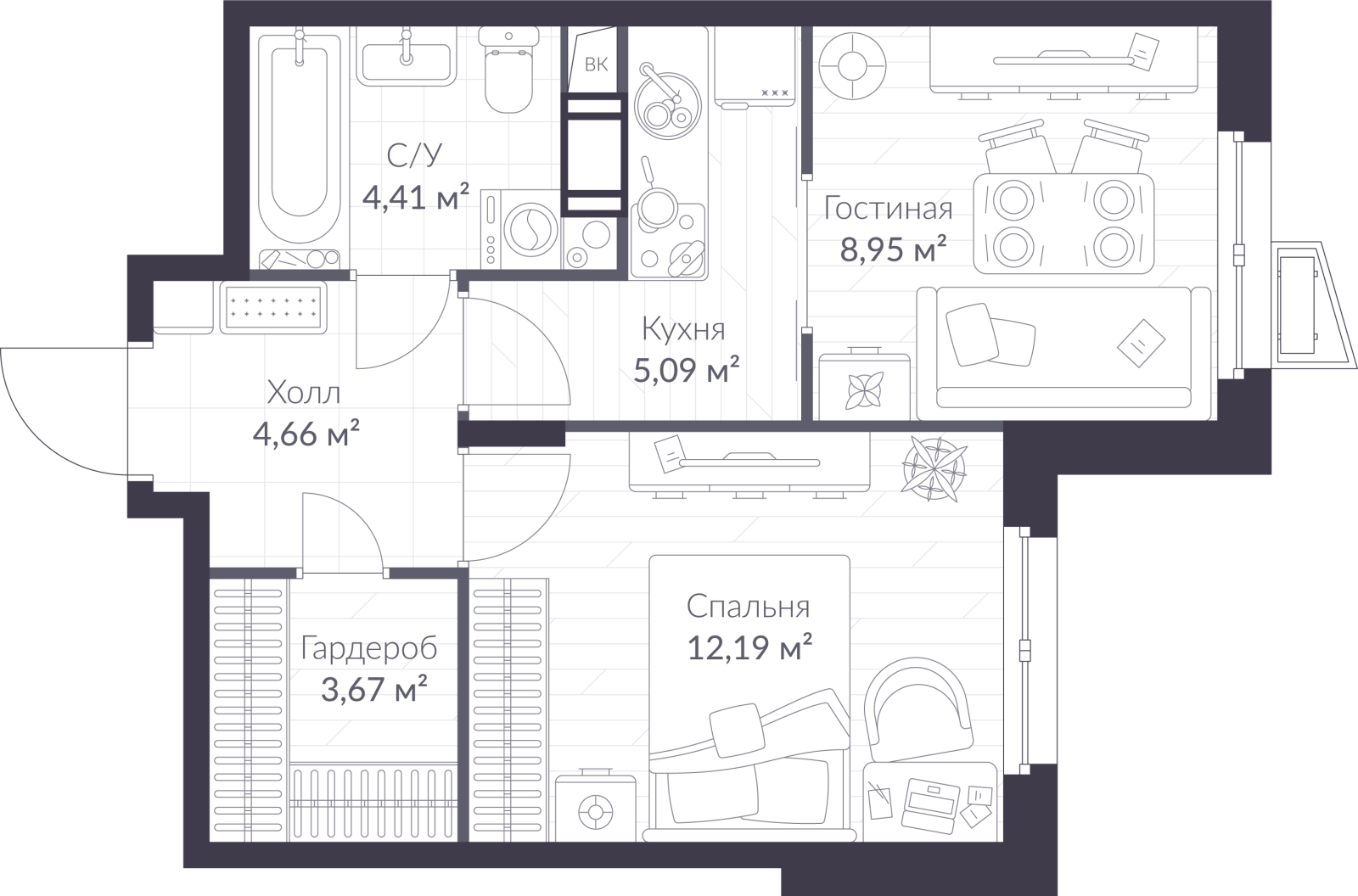 Планировка: 2-комнатная квартира, 39,0 м²