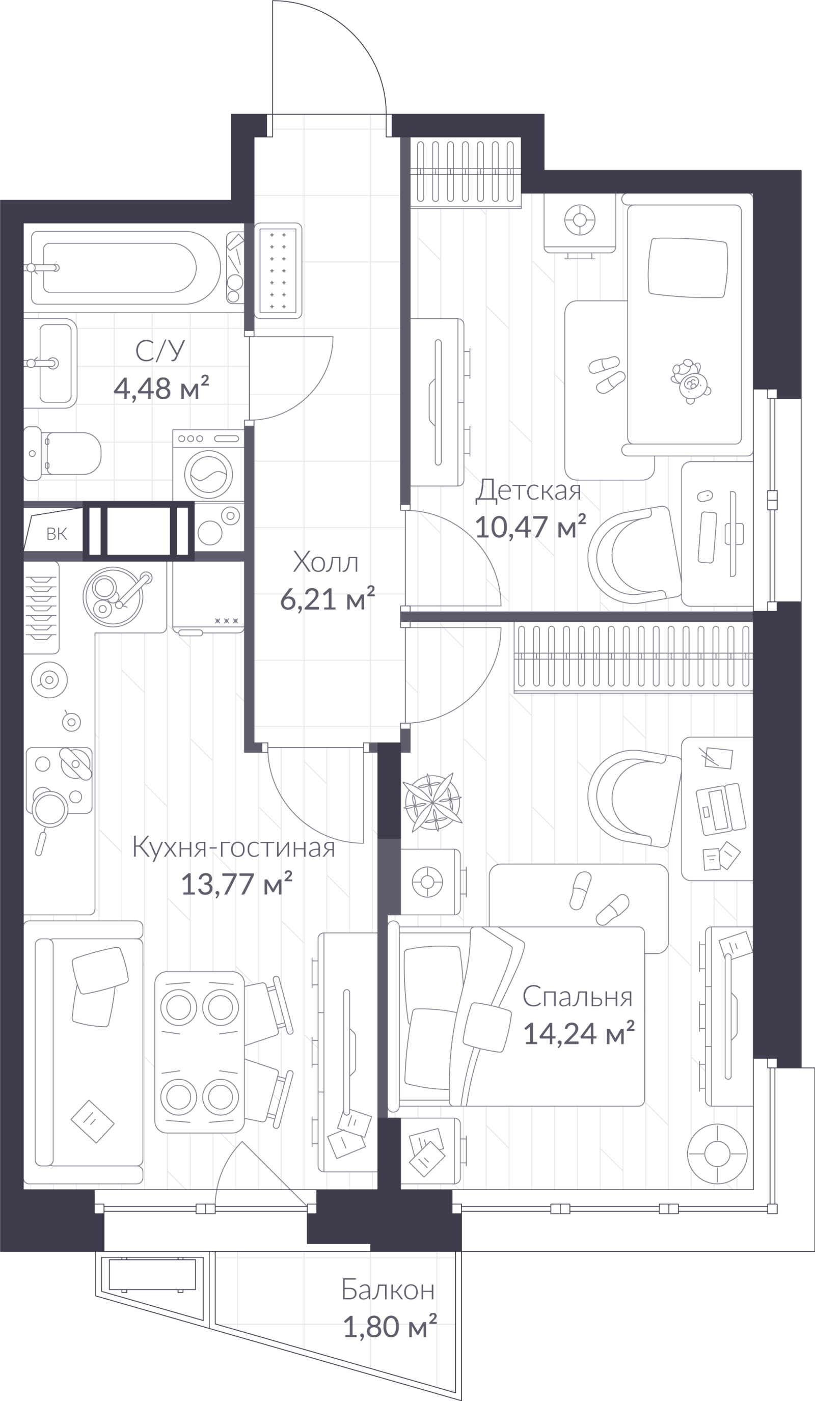 Планировка: 3-комнатная квартира, 49,7 м²