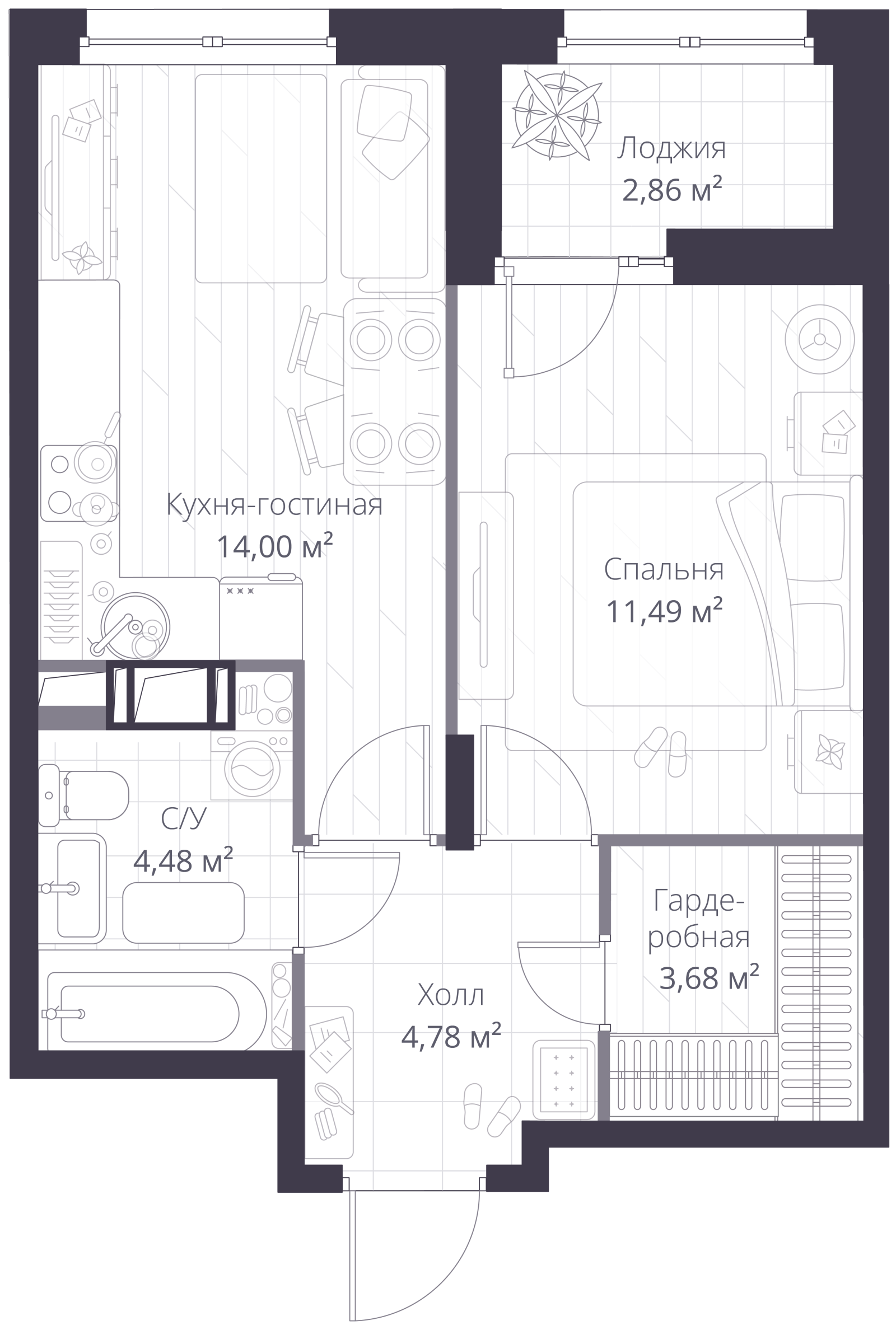 Планировка: 2-комнатная квартира, 40,0 м²