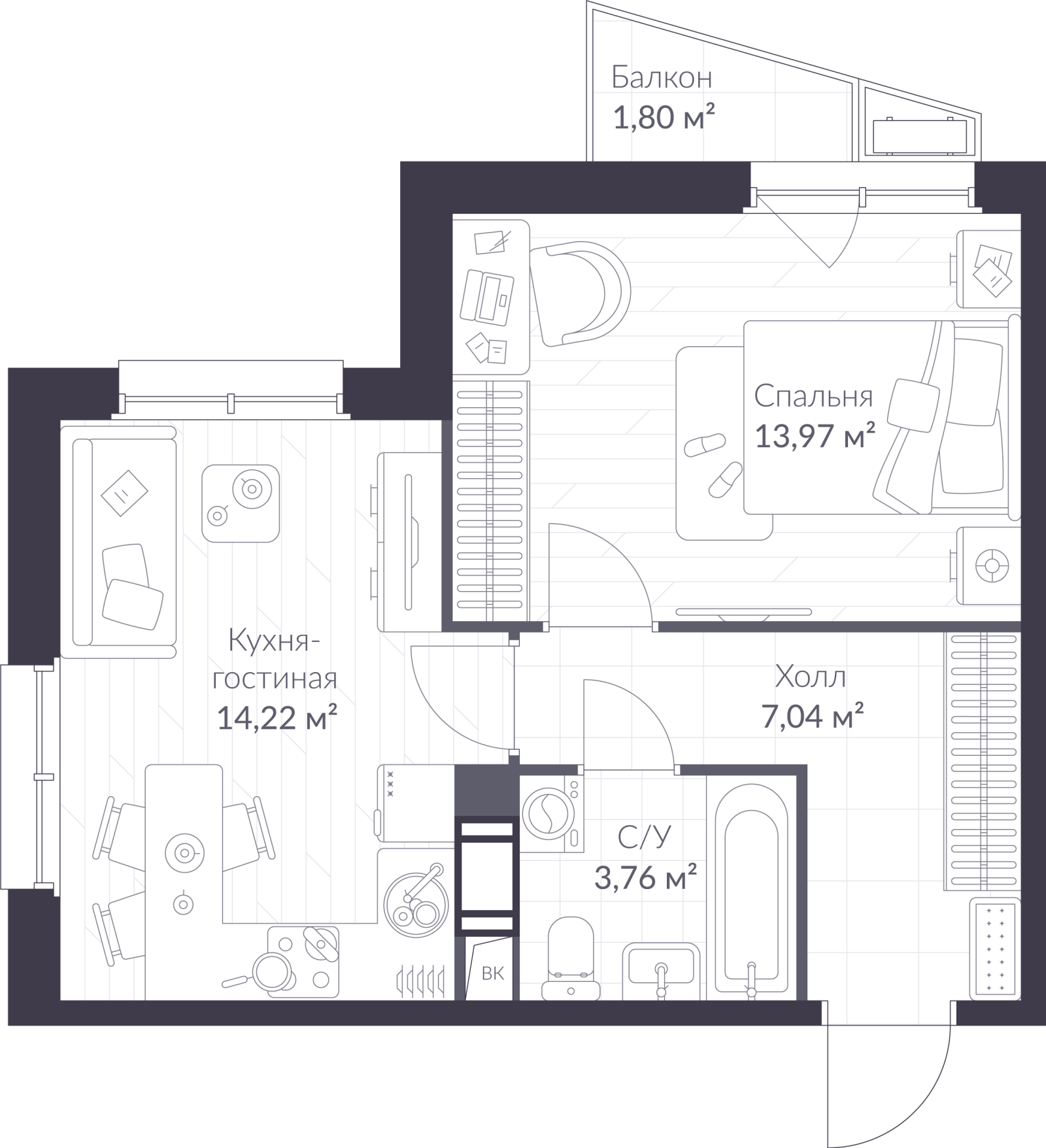 Планировка: 2-комнатная квартира, 39,5 м²