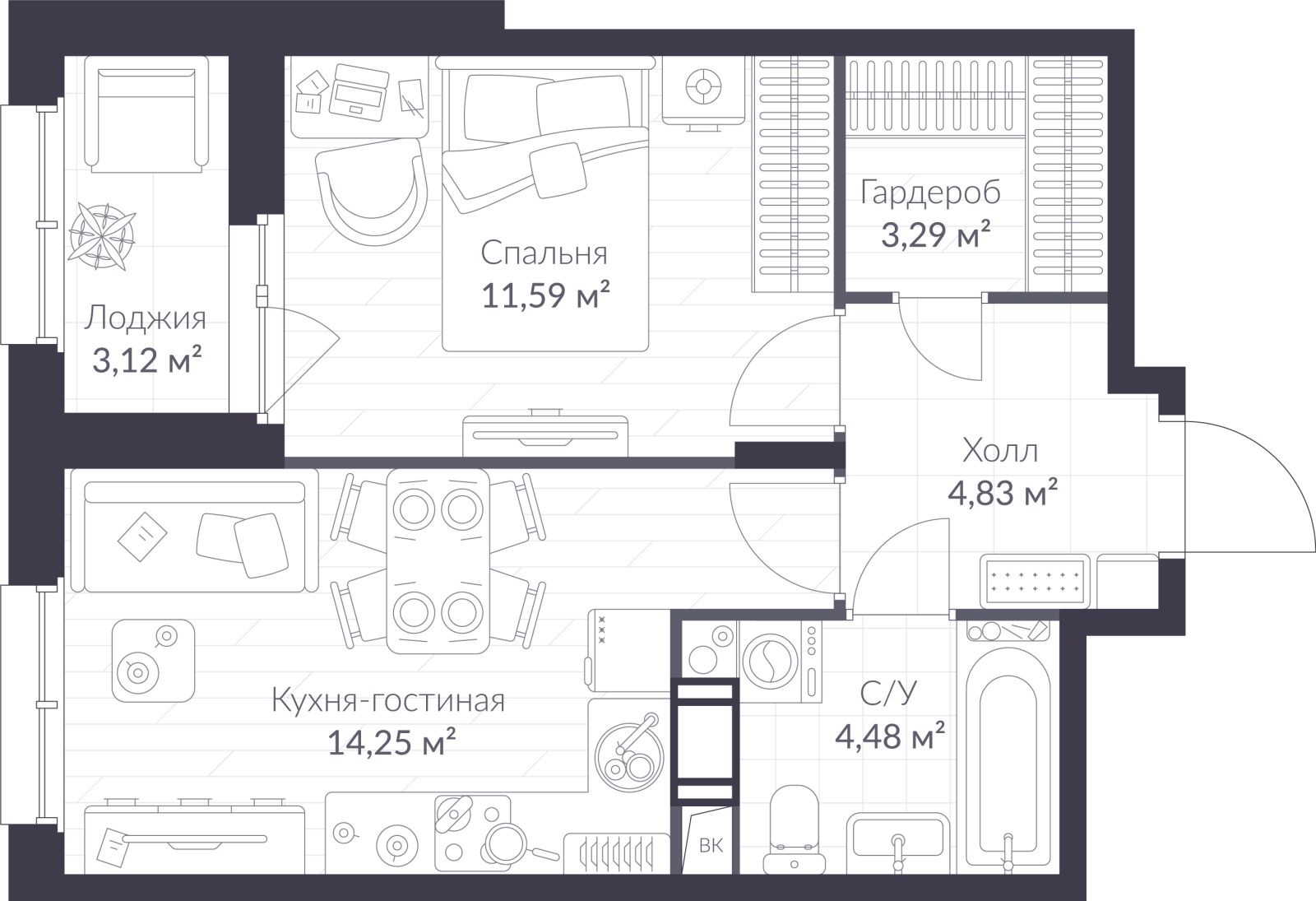 Планировка: 2-комнатная квартира, 40,0 м²