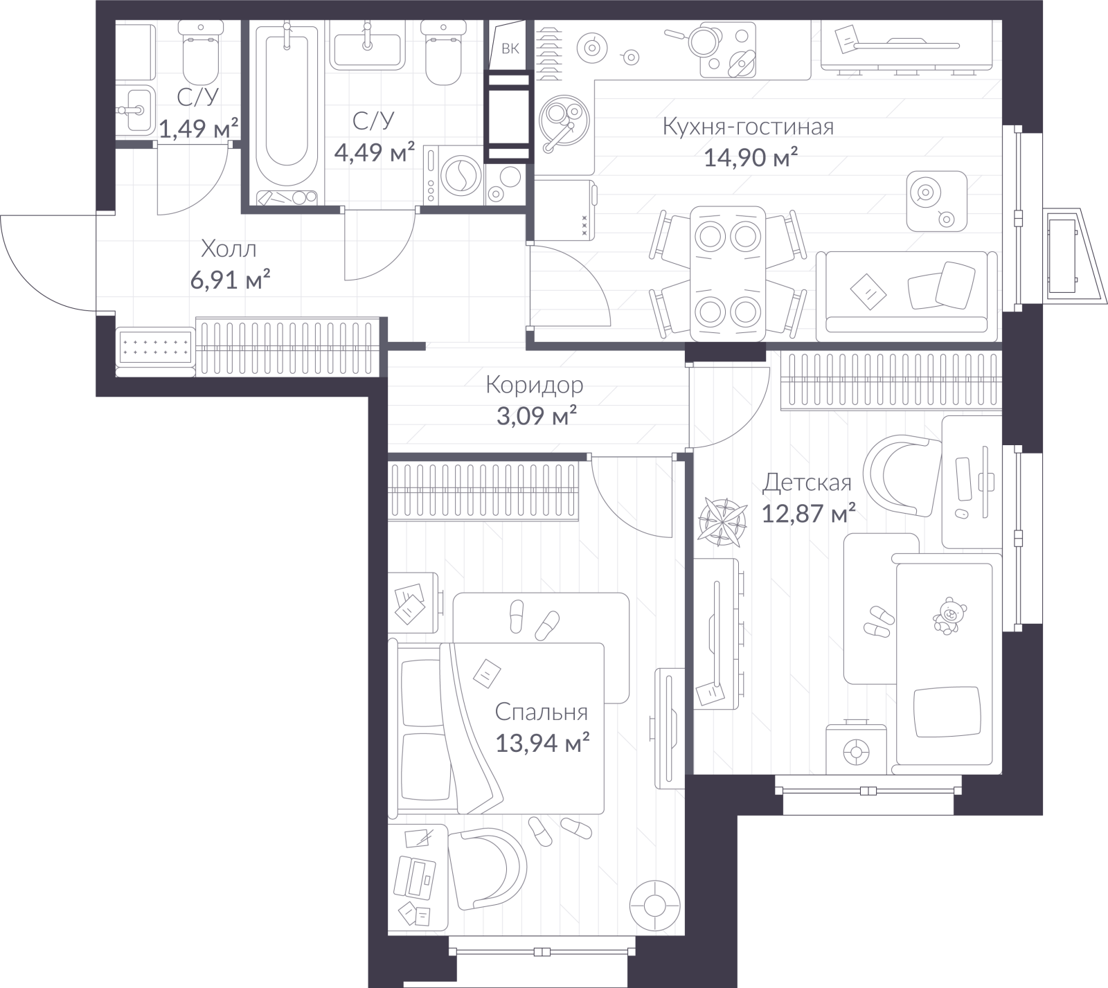 Планировка: 3-комнатная квартира, 57,7 м²