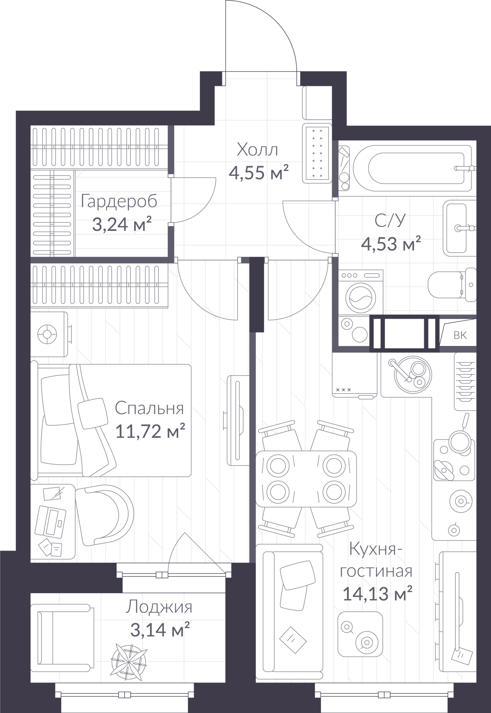 Планировка: 2-комнатная квартира, 39,7 м²