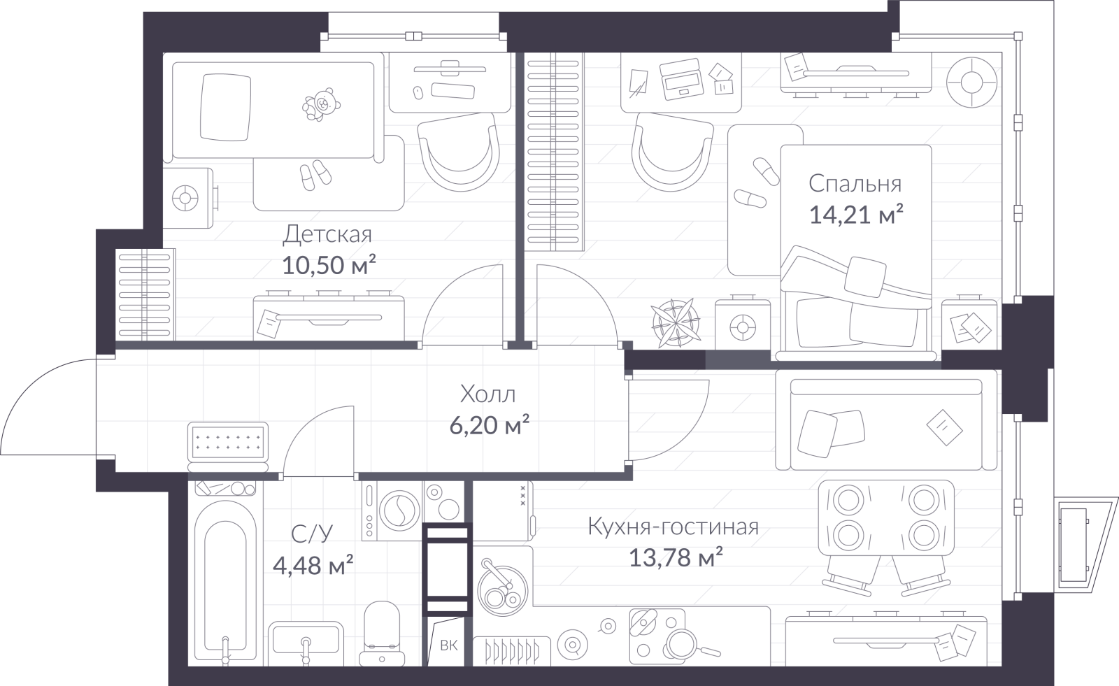 Планировка: 3-комнатная квартира, 49,2 м²