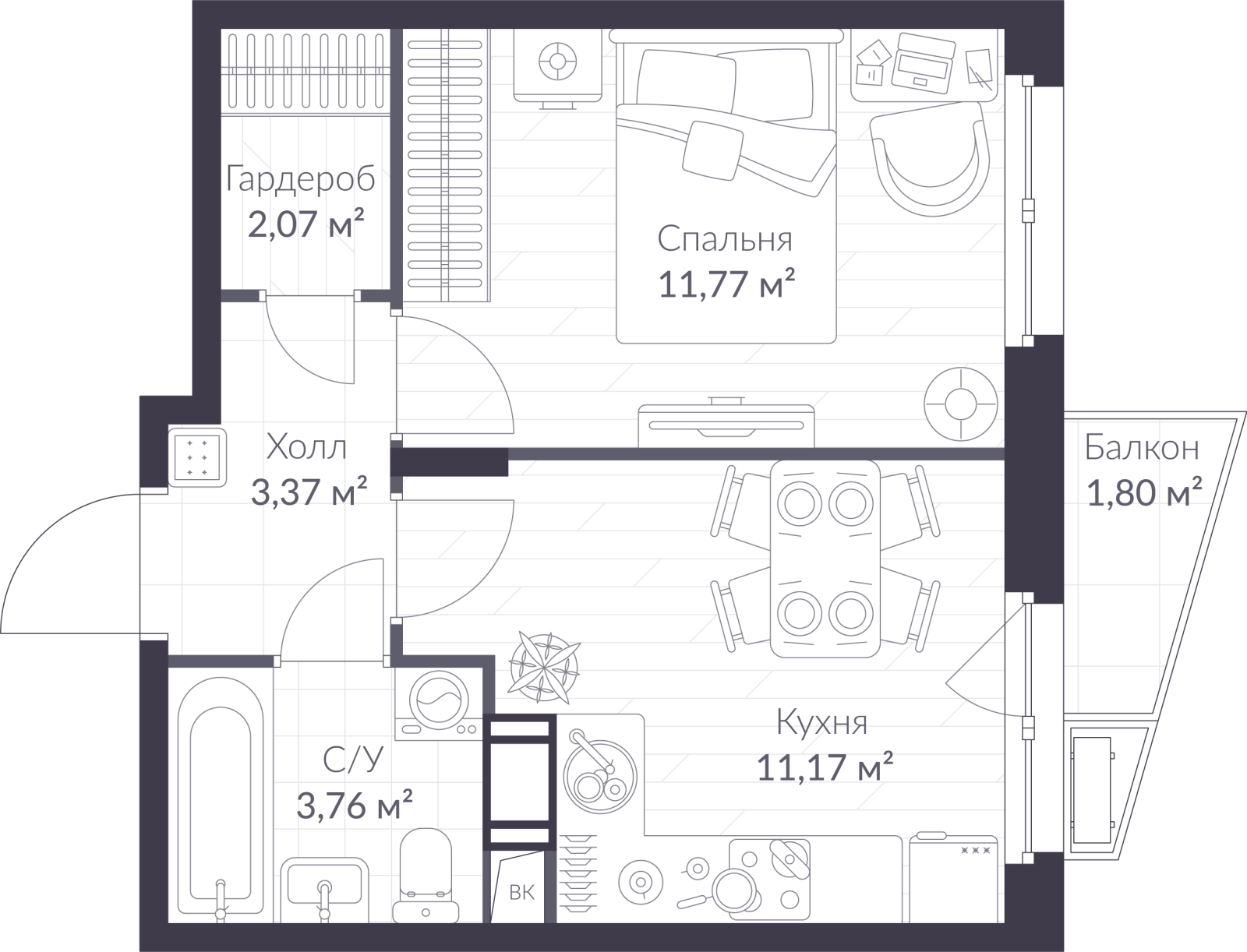 Планировка: 1-комнатная квартира, 32,7 м²