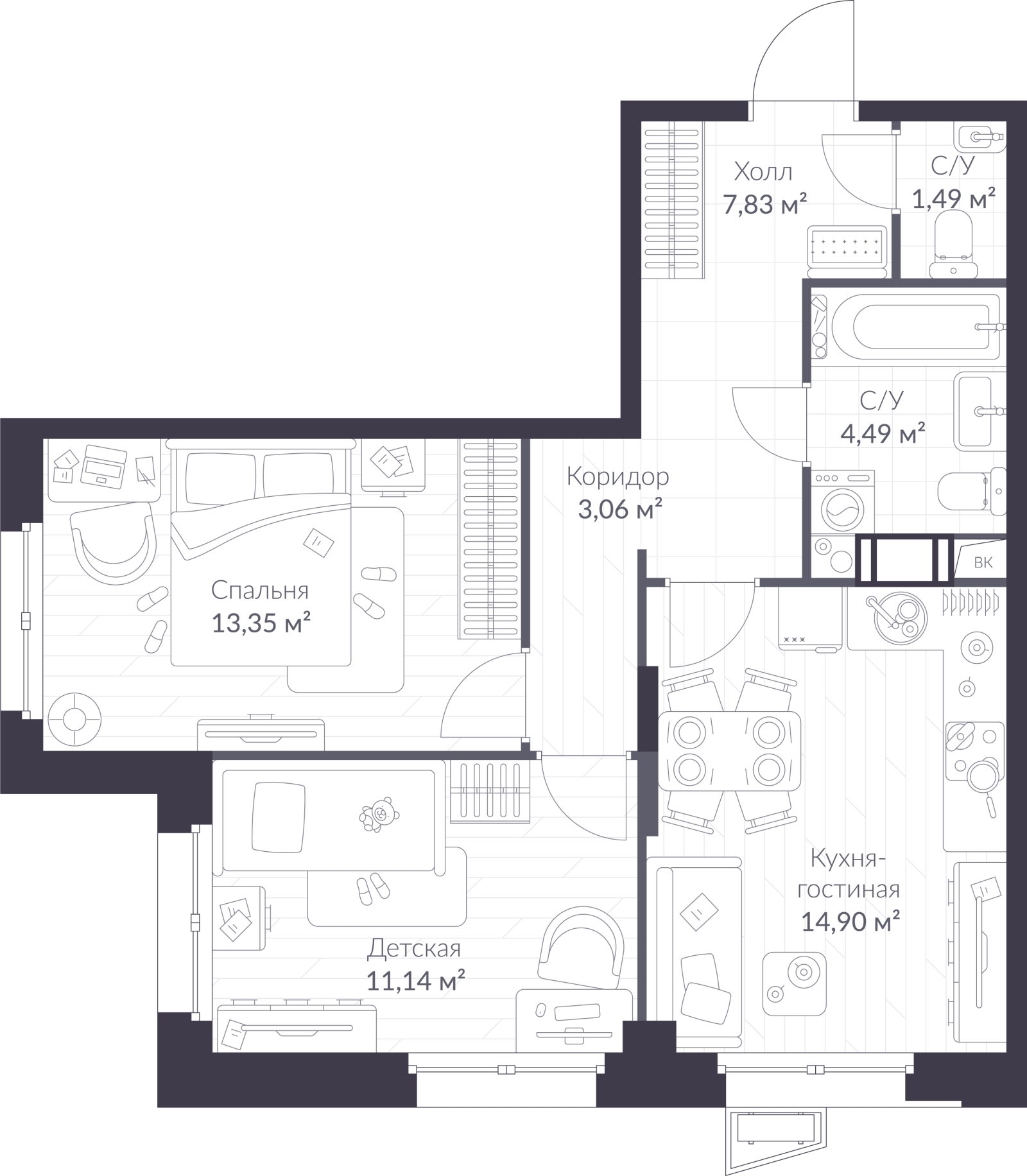 Планировка: 3-комнатная квартира, 56,3 м²