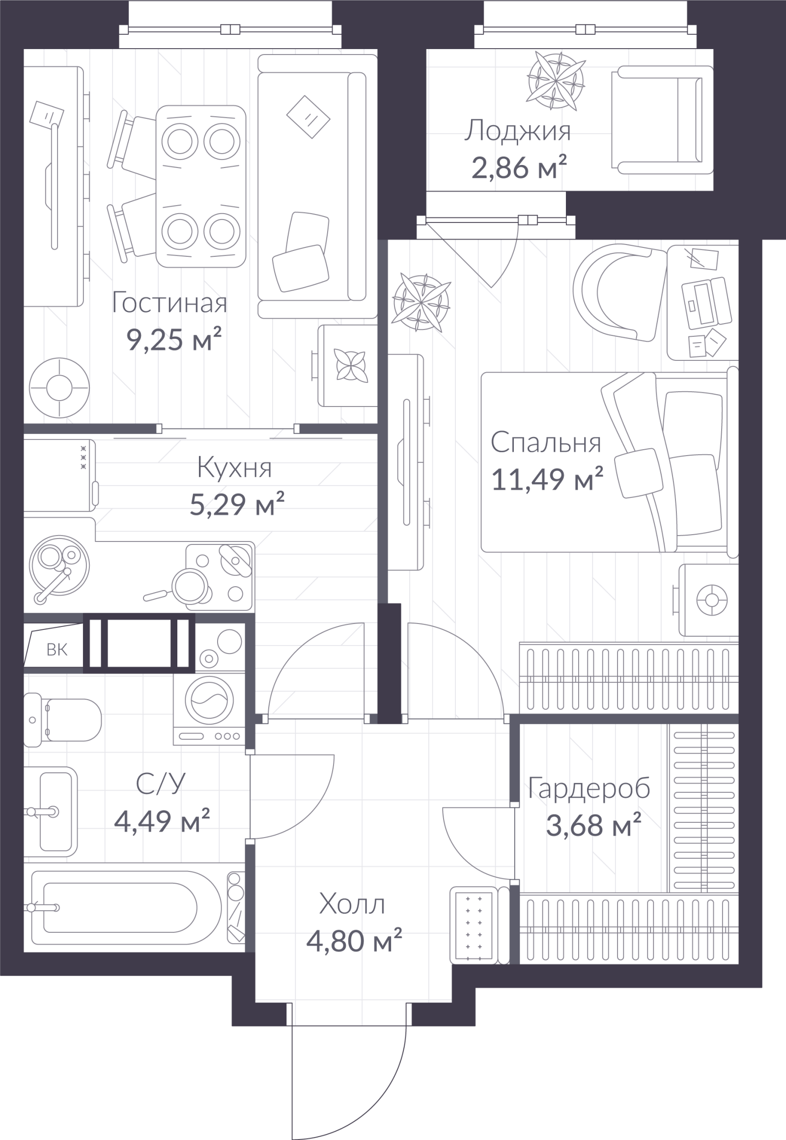 Планировка: 2-комнатная квартира, 40,4 м²