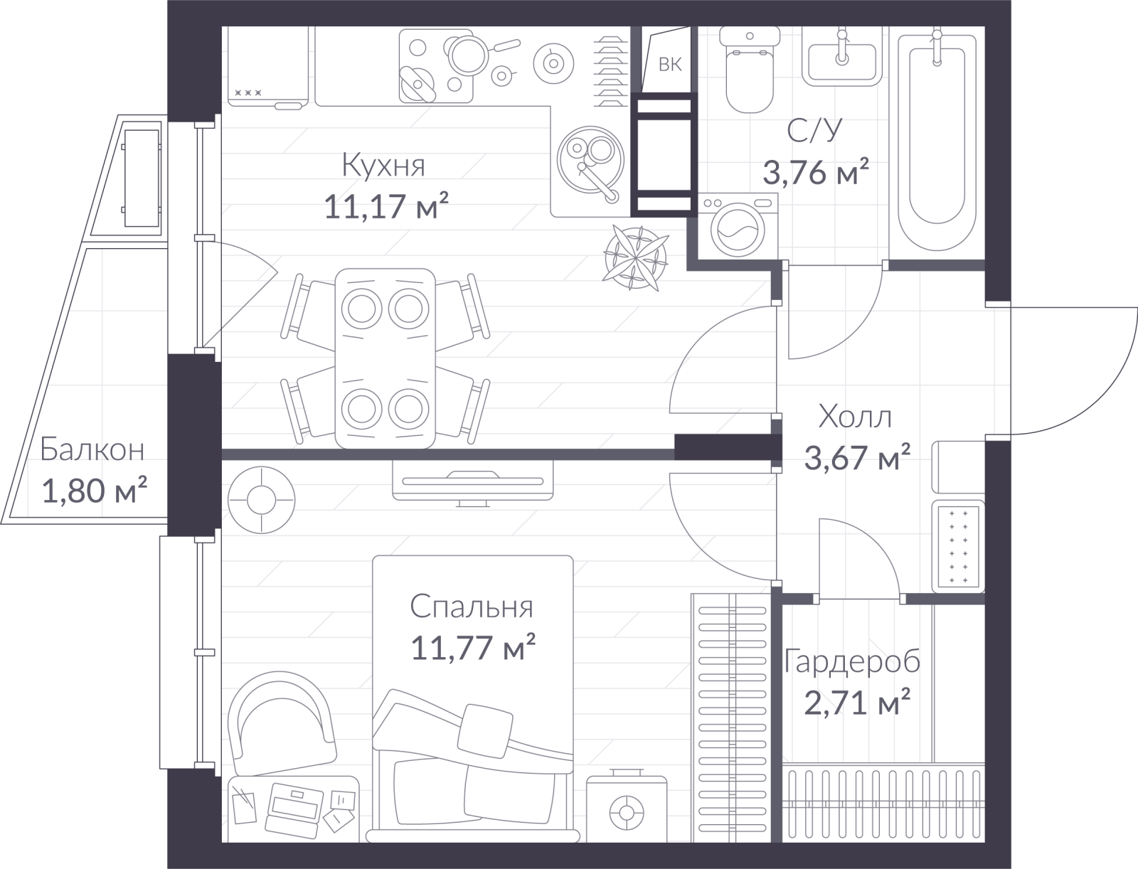 Планировка: 1-комнатная квартира, 33,6 м²