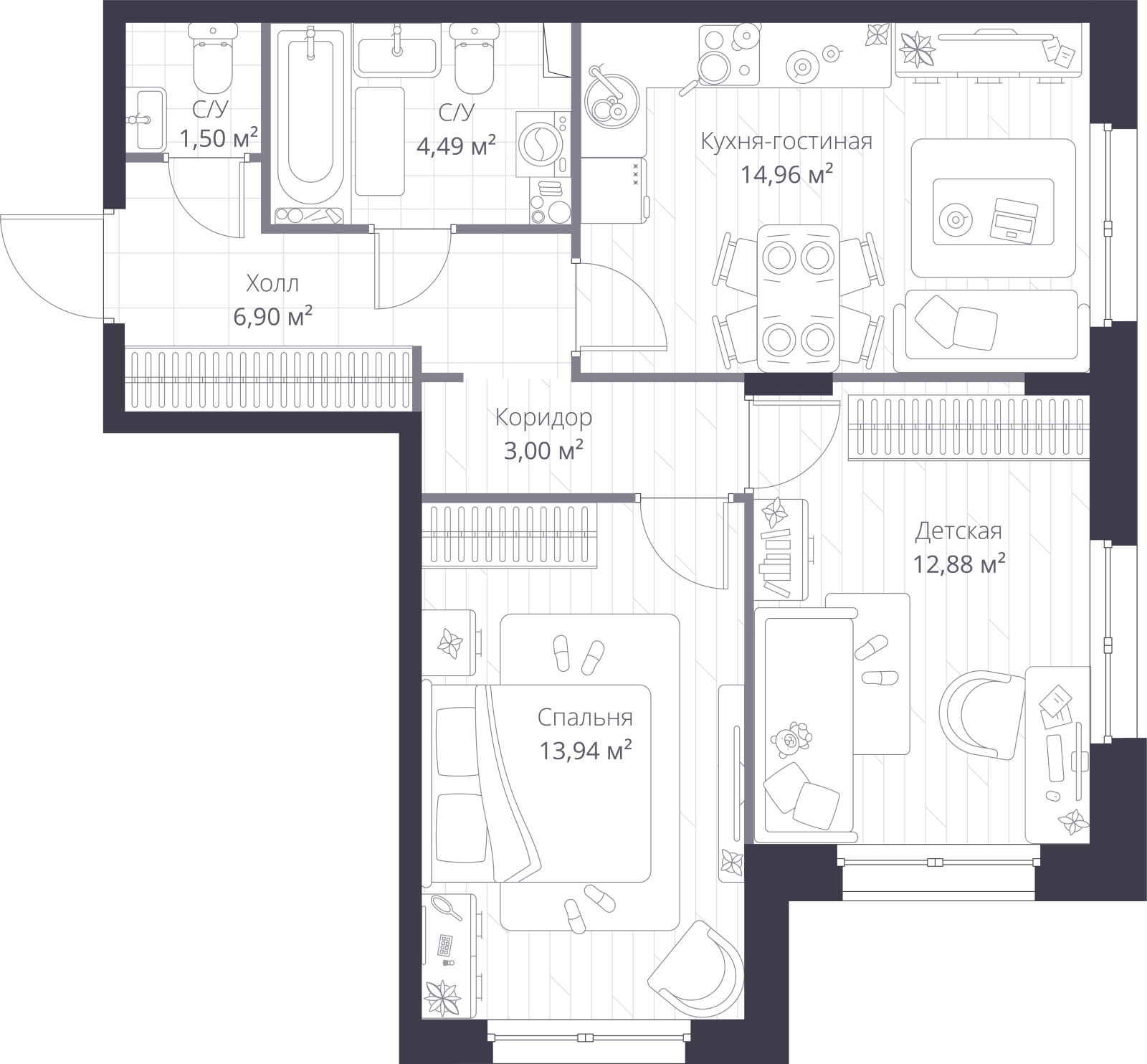Планировка: 3-комнатная квартира, 57,9 м²